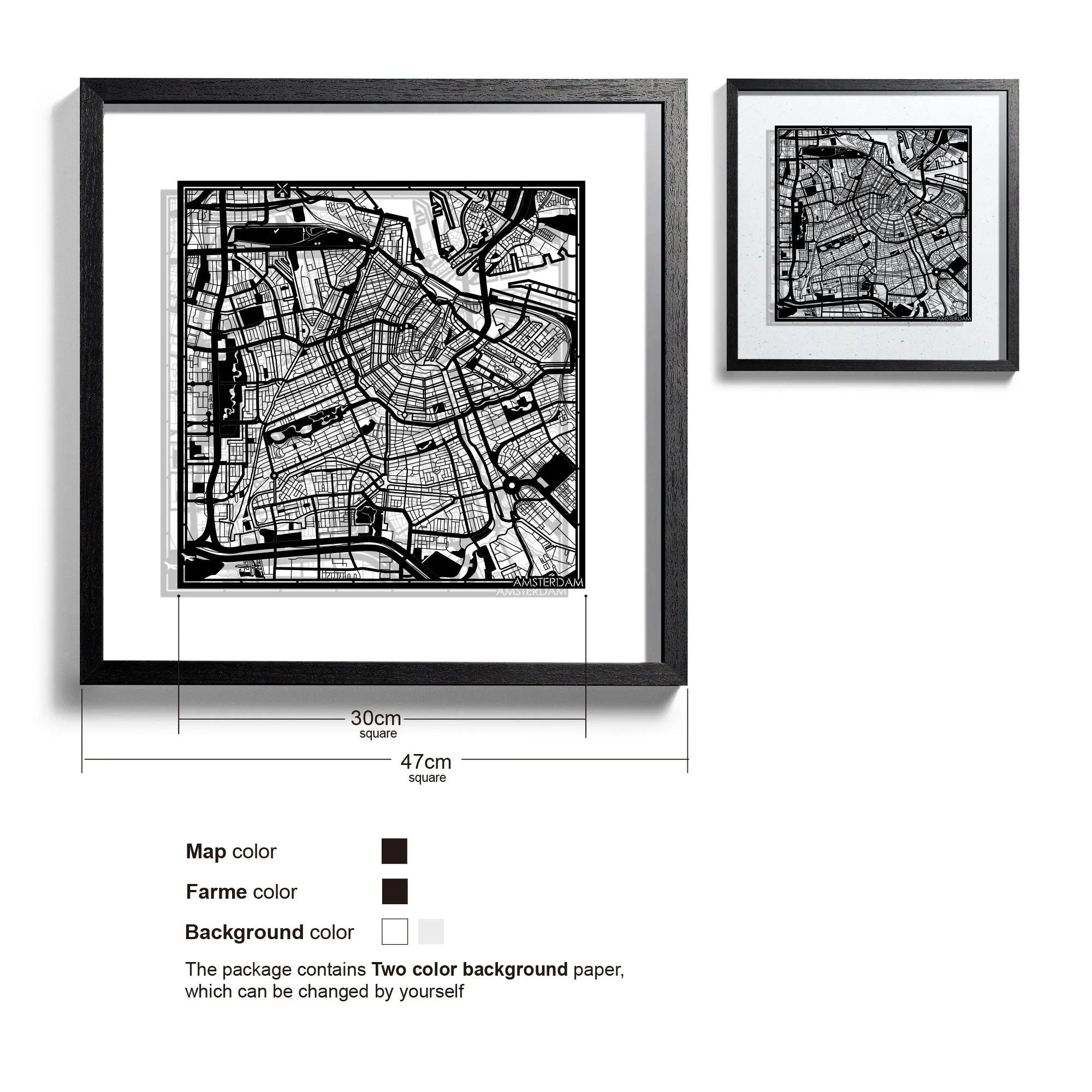 o3designstudio Amsterdam-Paper-cut-map-framed-18-inch-45MF3004BB