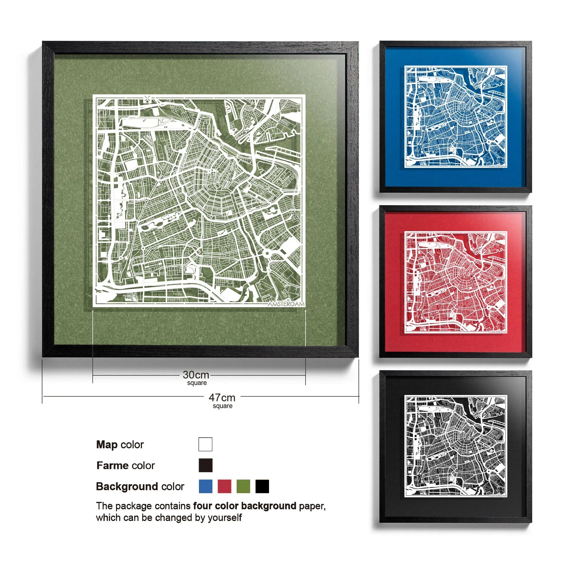 o3designstudio Amsterdam-Paper-cut-map-framed-18-inch-45MF3004BW