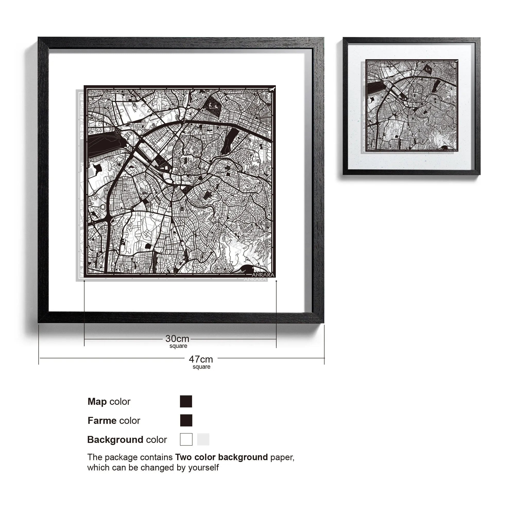 o3designstudio-Ankara-Paper-cut-map-framed-18-inch-Black map / Black frame-45MF1039BB