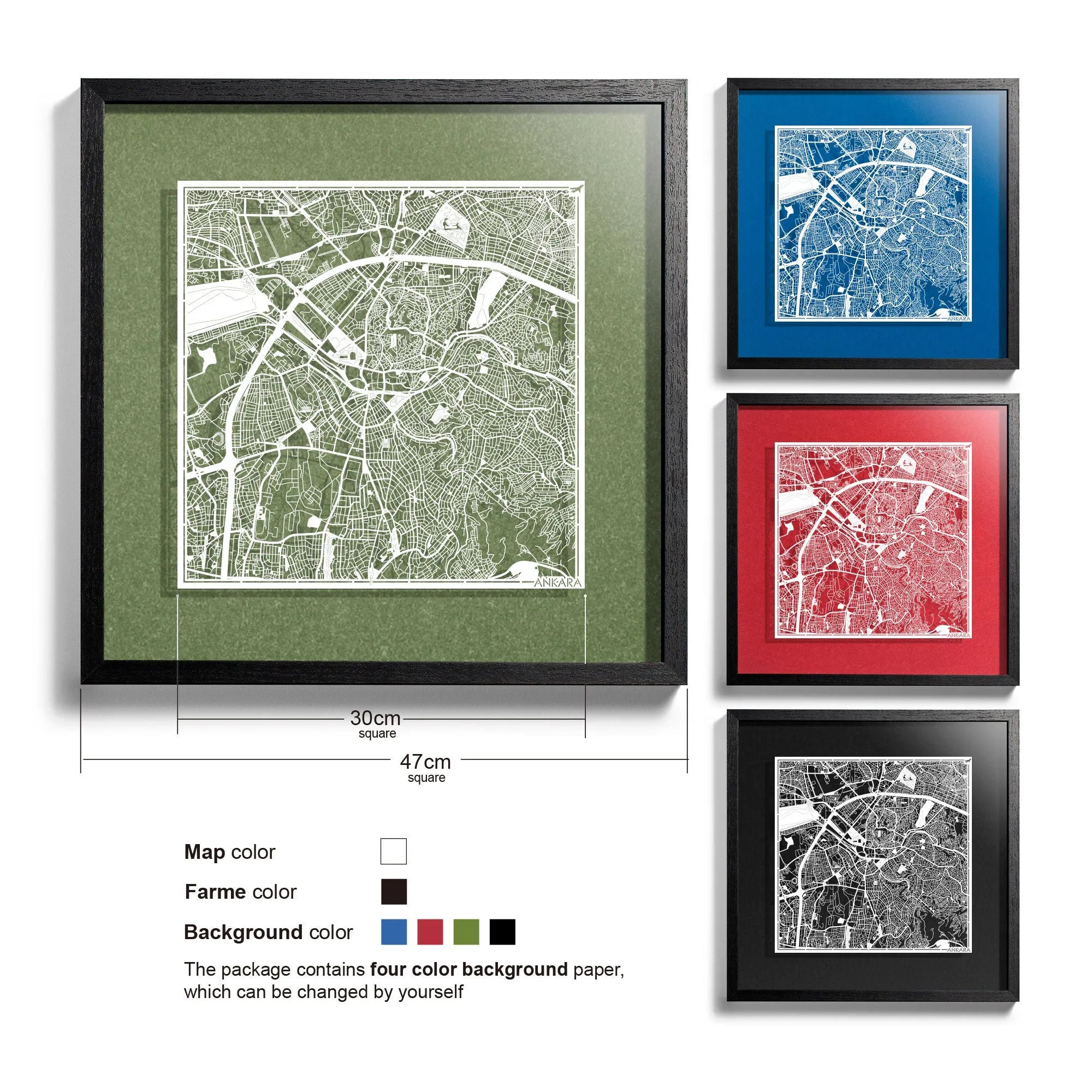 o3designstudio-Ankara-Paper-cut-map-framed-18-inch-White map / Black frame-45MF1039BW