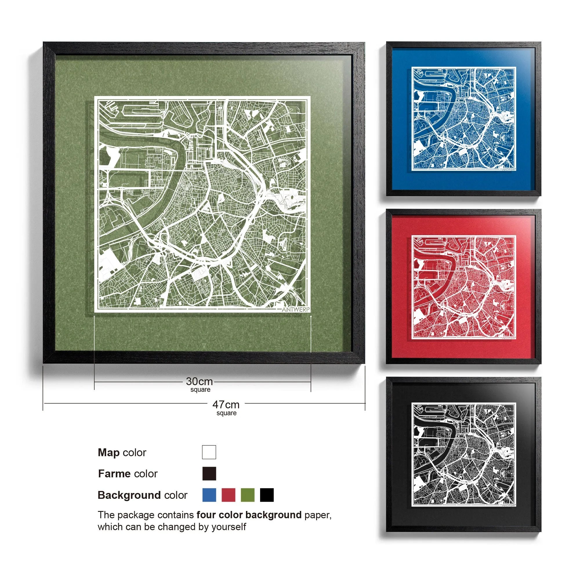 o3designstudio Antwerp-Paper-cut-map-framed-18-inch-45MF3056BW