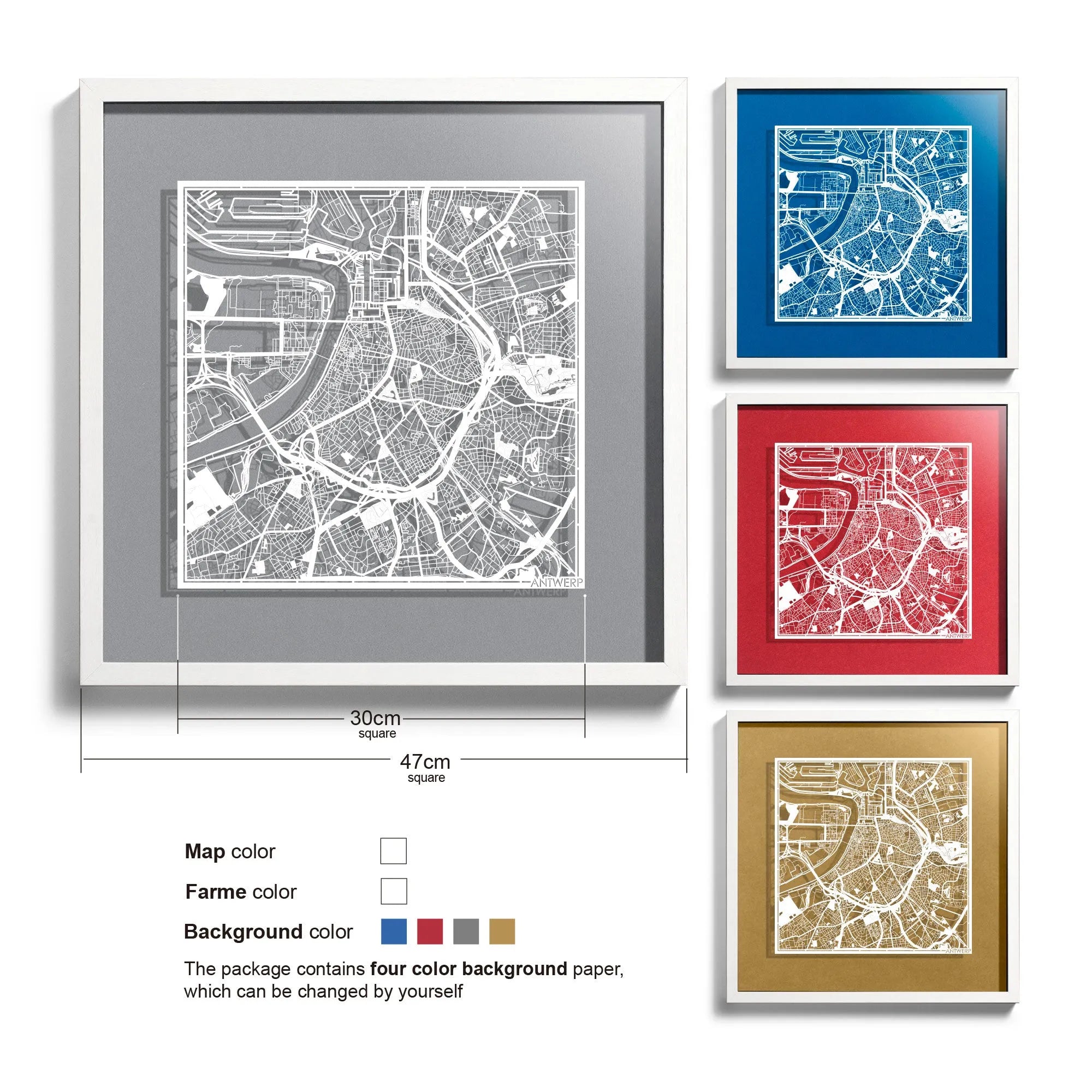 o3designstudio Antwerp-Paper-cut-map-framed-18-inch-45MF3056WW