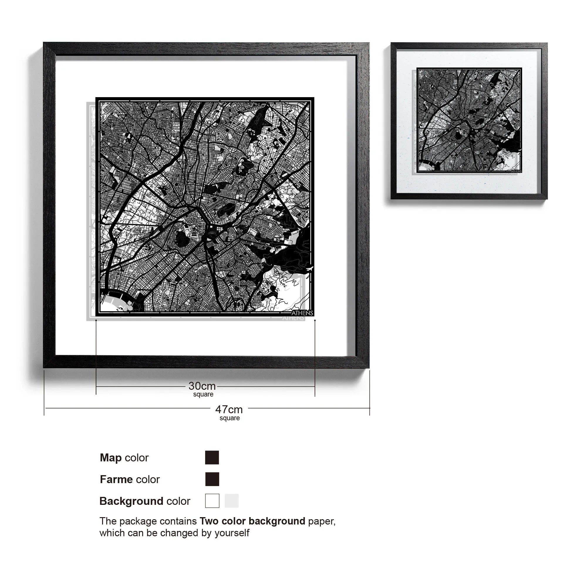 o3designstudio-Athens-Paper-cut-map-framed-18-inch-Black map / Black frame-45MF3008BB