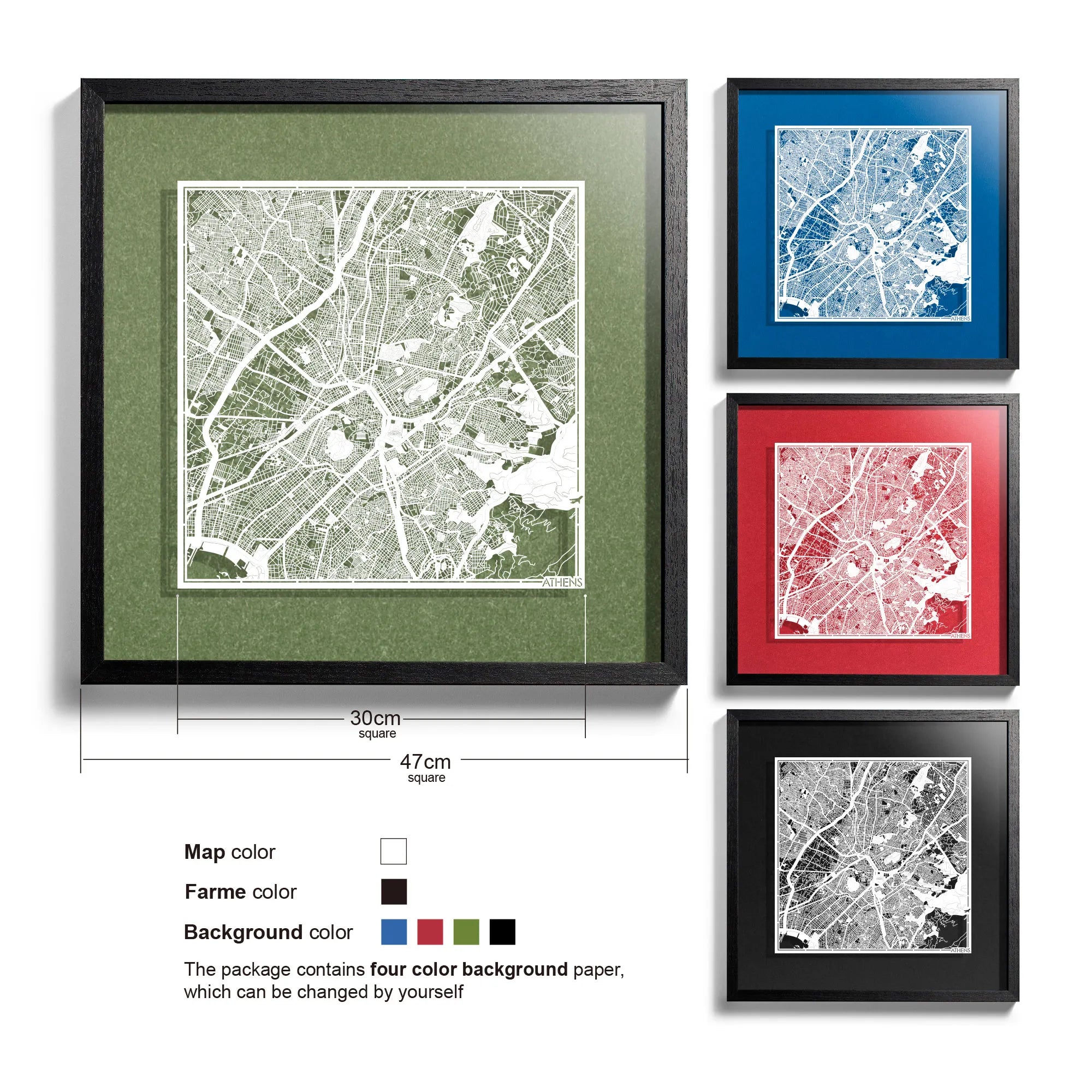 o3designstudio-Athens-Paper-cut-map-framed-18-inch-White map / Black frame-45MF3008BW