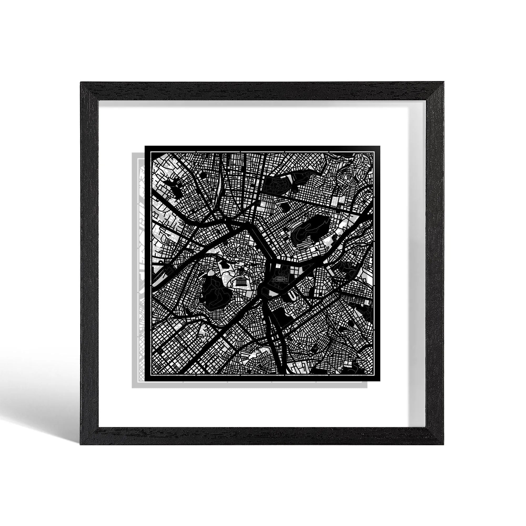 o3designstudio Athens Paper cut map framed 9 inch Black map Black frame map art 22MF3008BB
