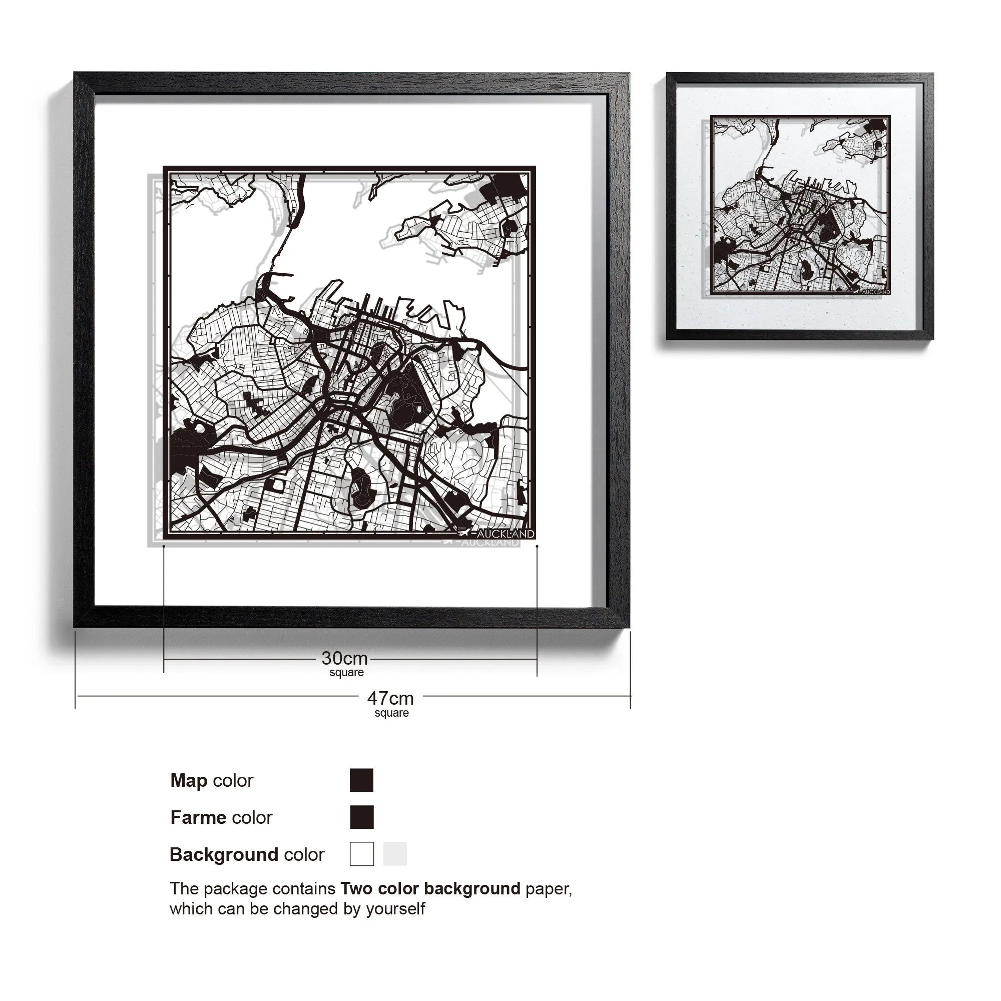 o3designstudio-Auckland-Paper-cut-map-framed-18-inch-Black map / Black frame-45MF1038BB