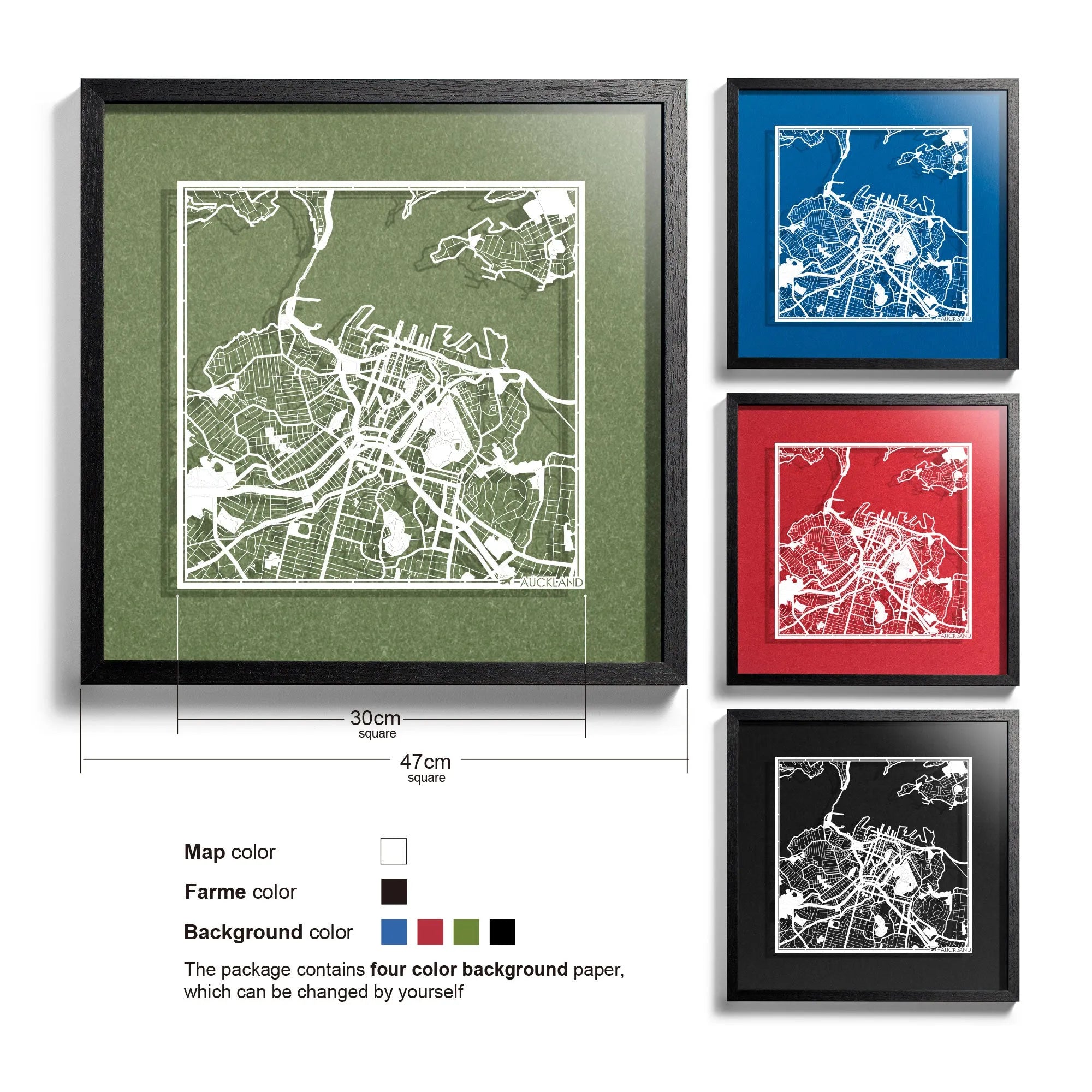 o3designstudio-Auckland-Paper-cut-map-framed-18-inch-White map / Black frame-45MF1038BW