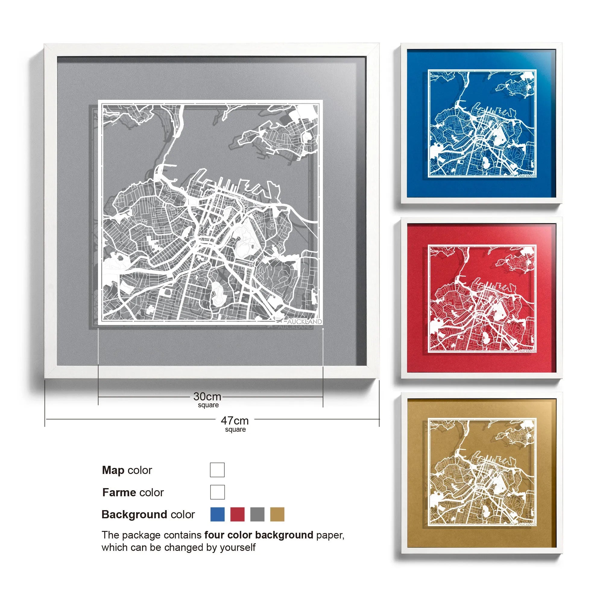 o3designstudio-Auckland-Paper-cut-map-framed-18-inch-White map / White frame-45MF1038WW