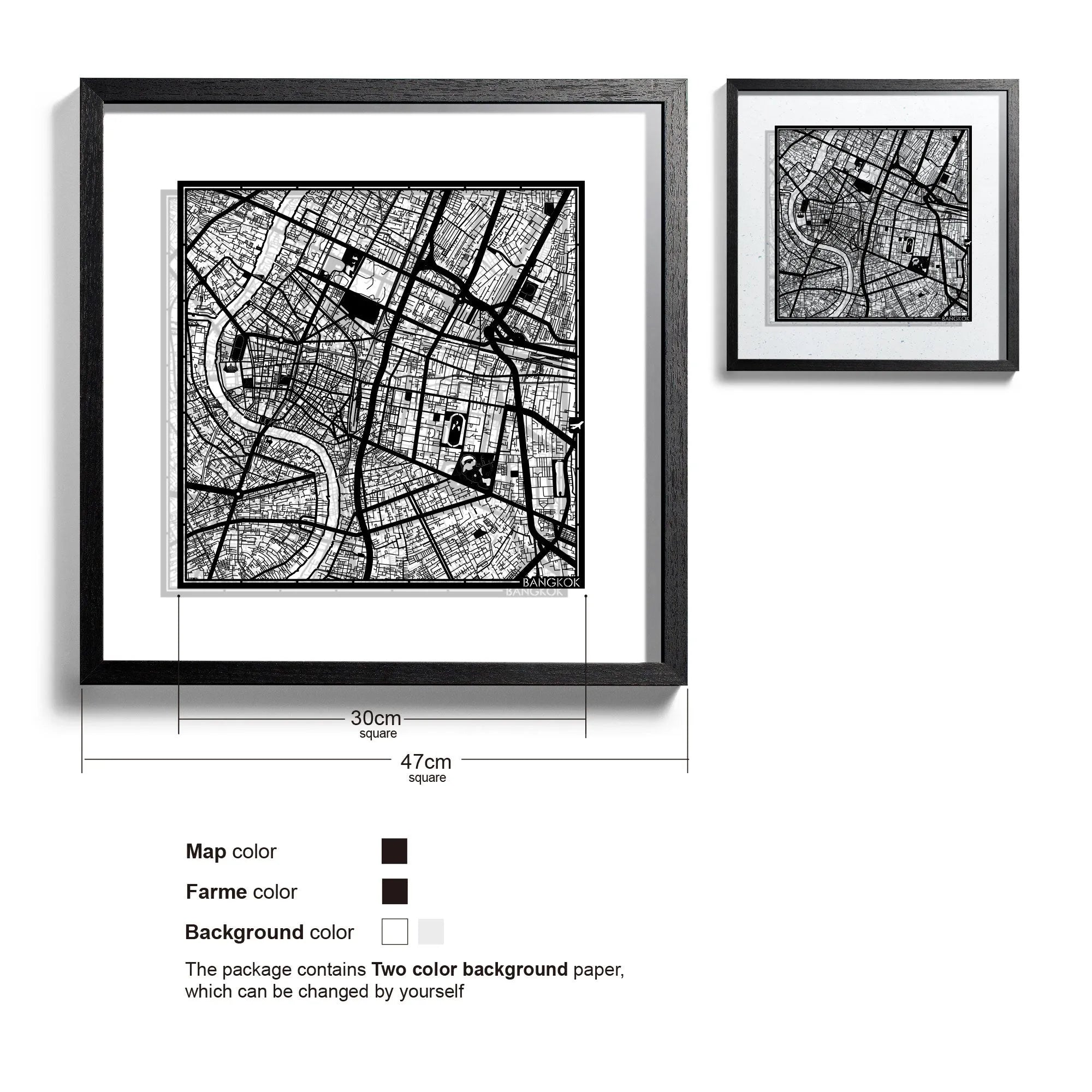 o3designstudio-Bangkok-Paper-cut-map-framed-18-inch-Black map / Black frame-45MF1028BB
