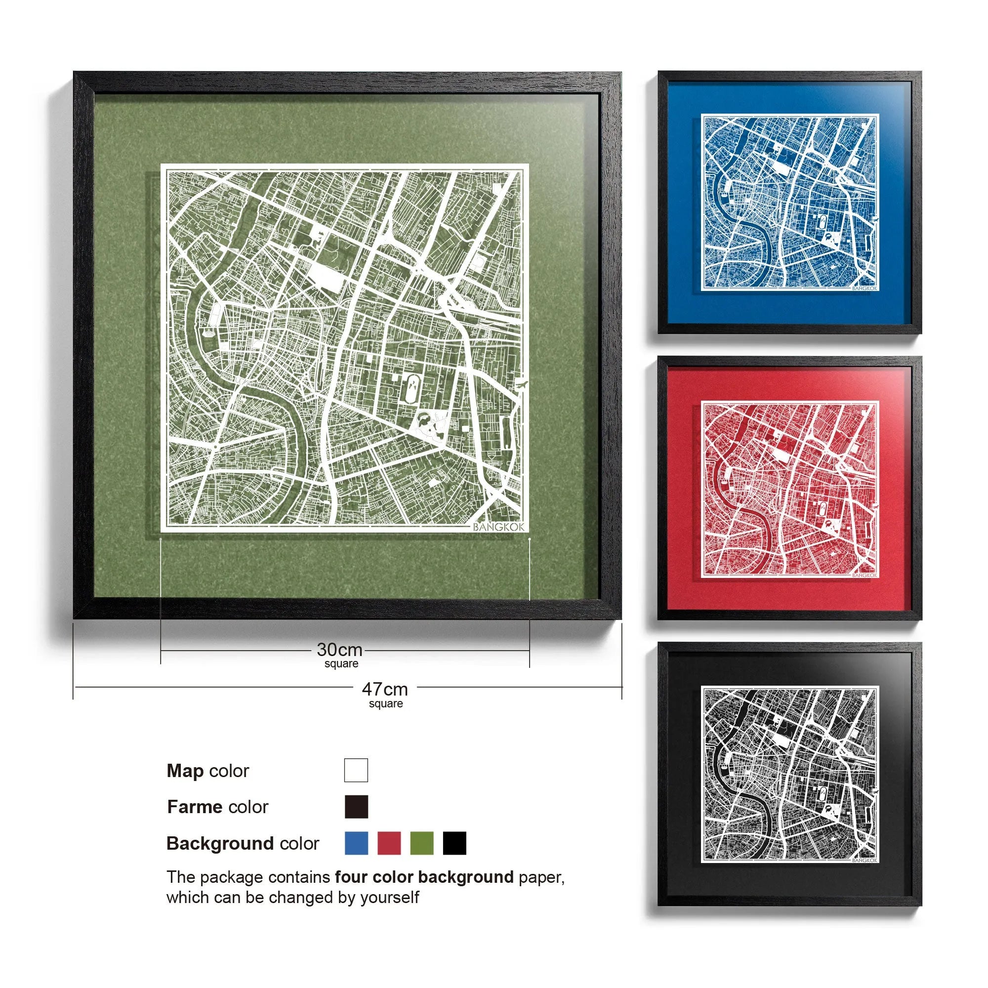 o3designstudio-Bangkok-Paper-cut-map-framed-18-inch-White map / Black frame-45MF1028BW