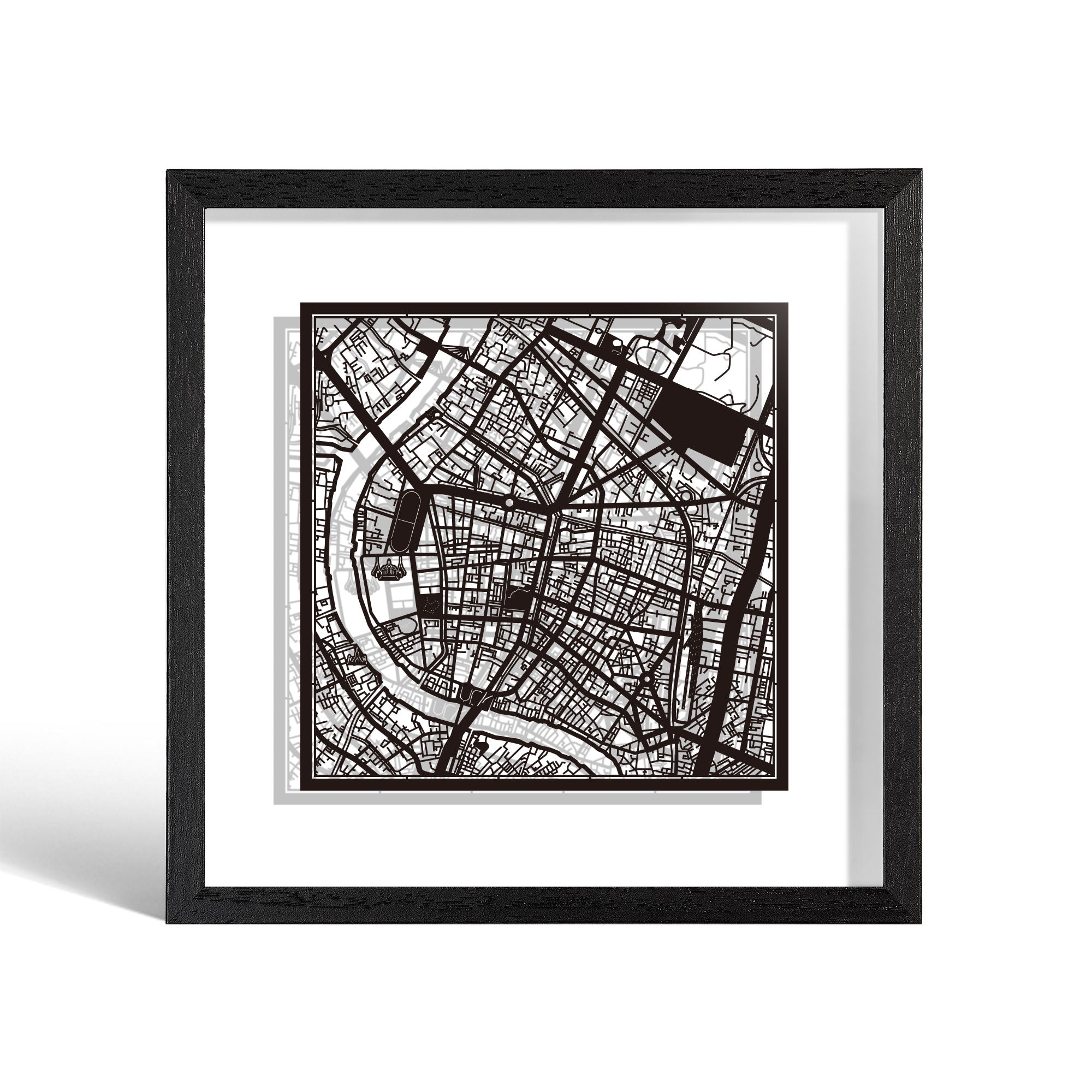 o3designstudio Bangkok Paper cut map framed 9 inch Black map Black frame map art 22MF1028BB