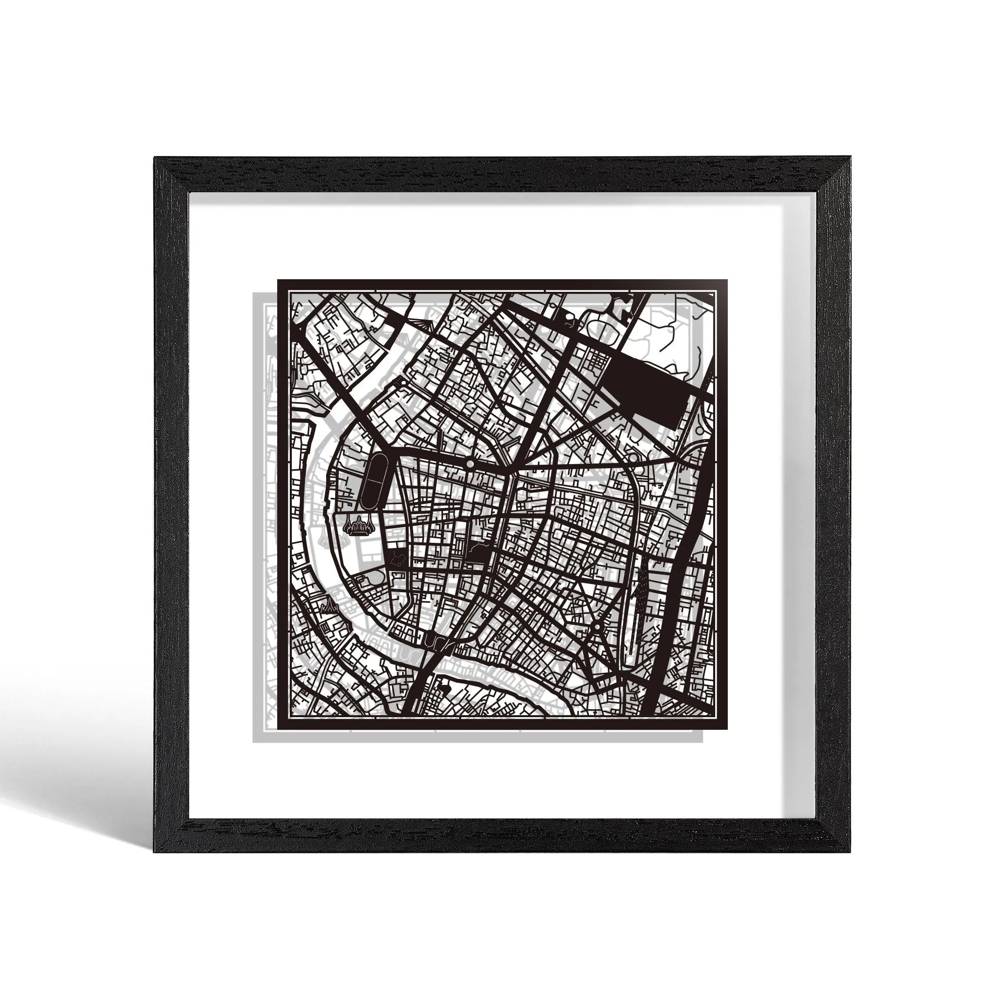 o3designstudio Bangkok Paper cut map framed 9 inch White map Black frame map art 22MF1028BW