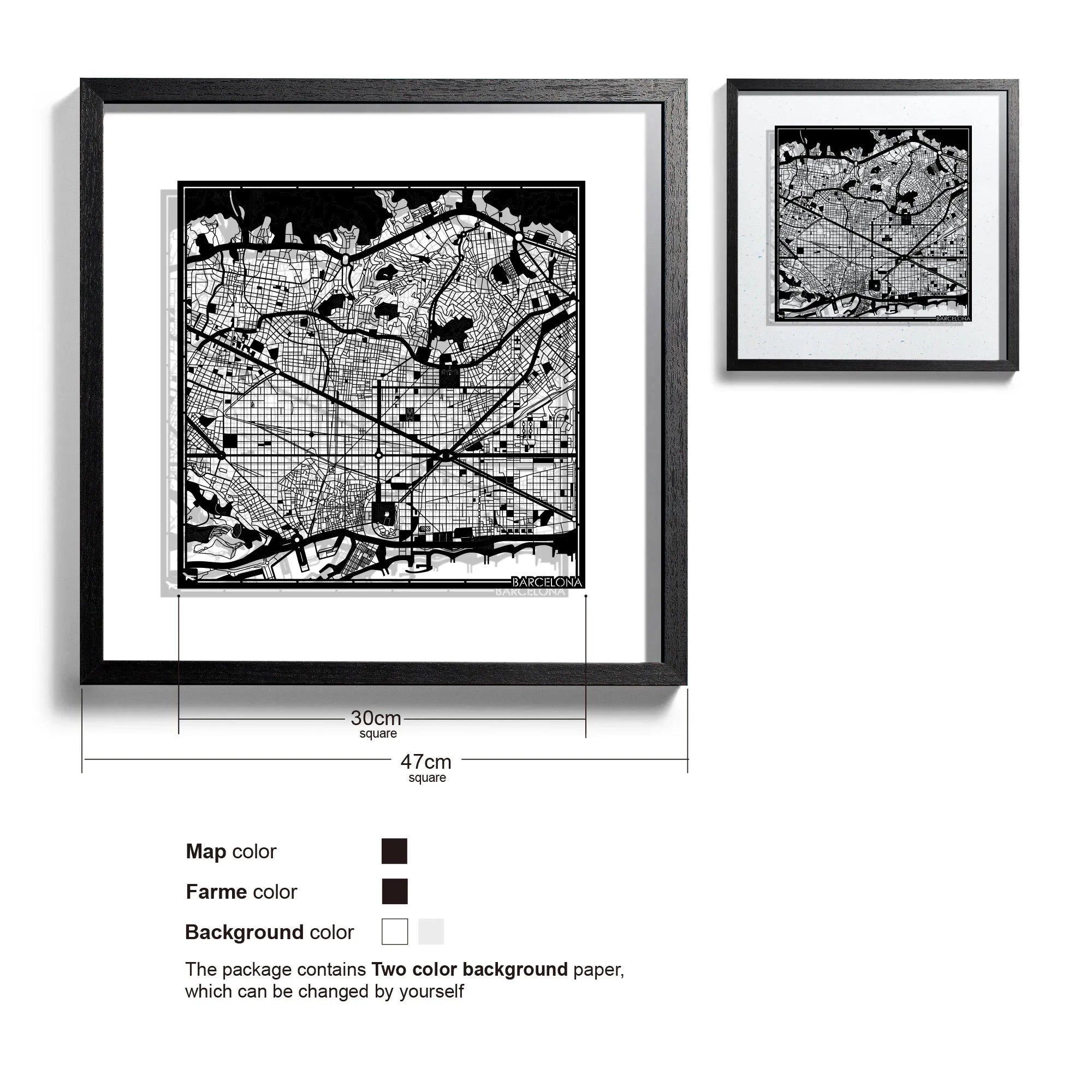 o3designstudio-Barcelona-Paper-cut-map-framed-18-inch-Black map / Black frame-45MF3005BB