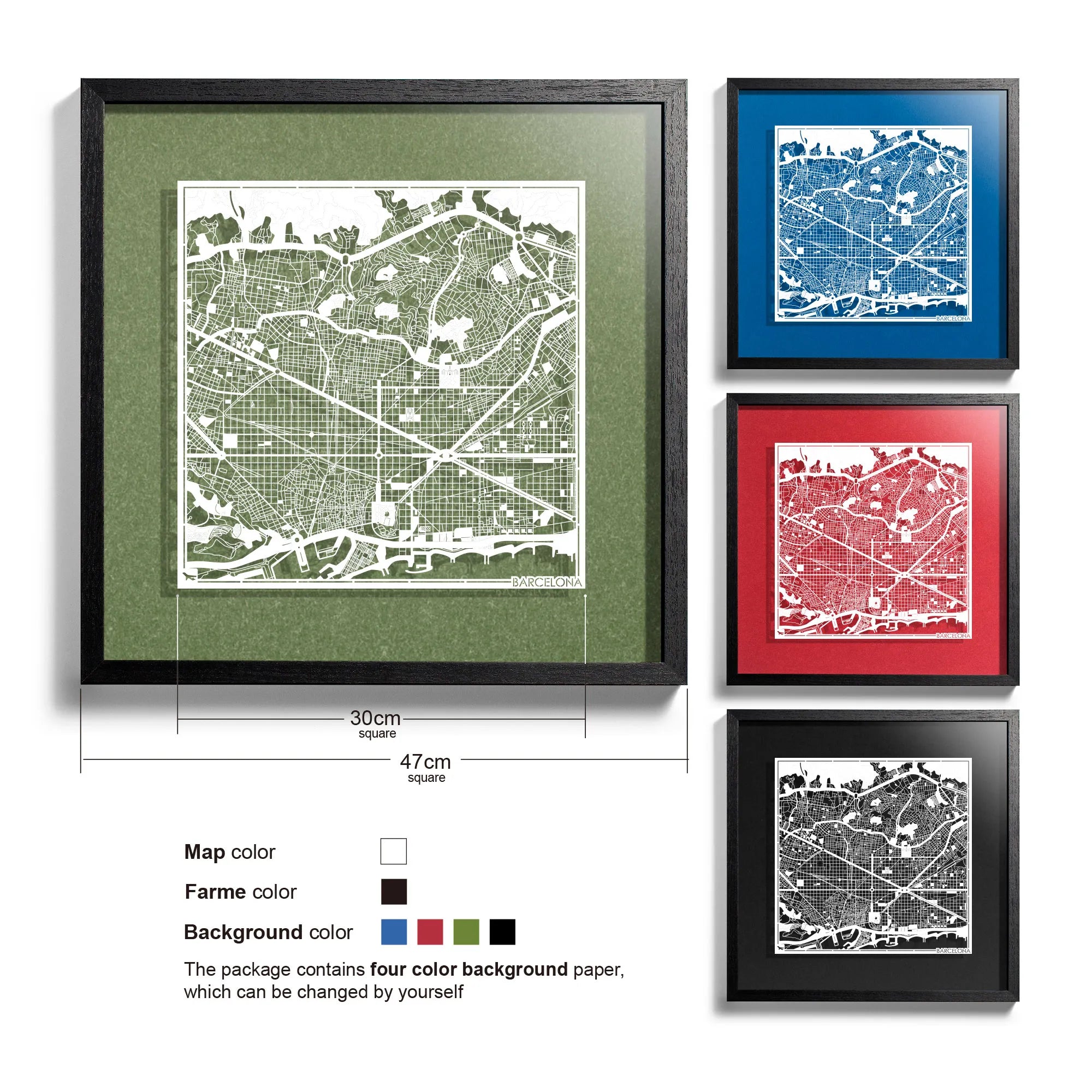 o3designstudio-Barcelona-Paper-cut-map-framed-18-inch-White map / Black frame-45MF3005BW