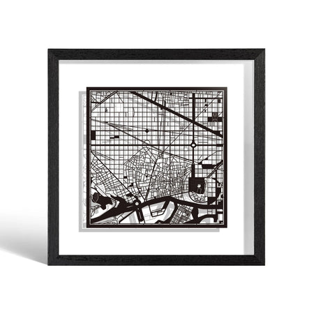o3designstudio Barcelona Paper cut map framed 9 inch Black map Black frame map art 22MF3005BB