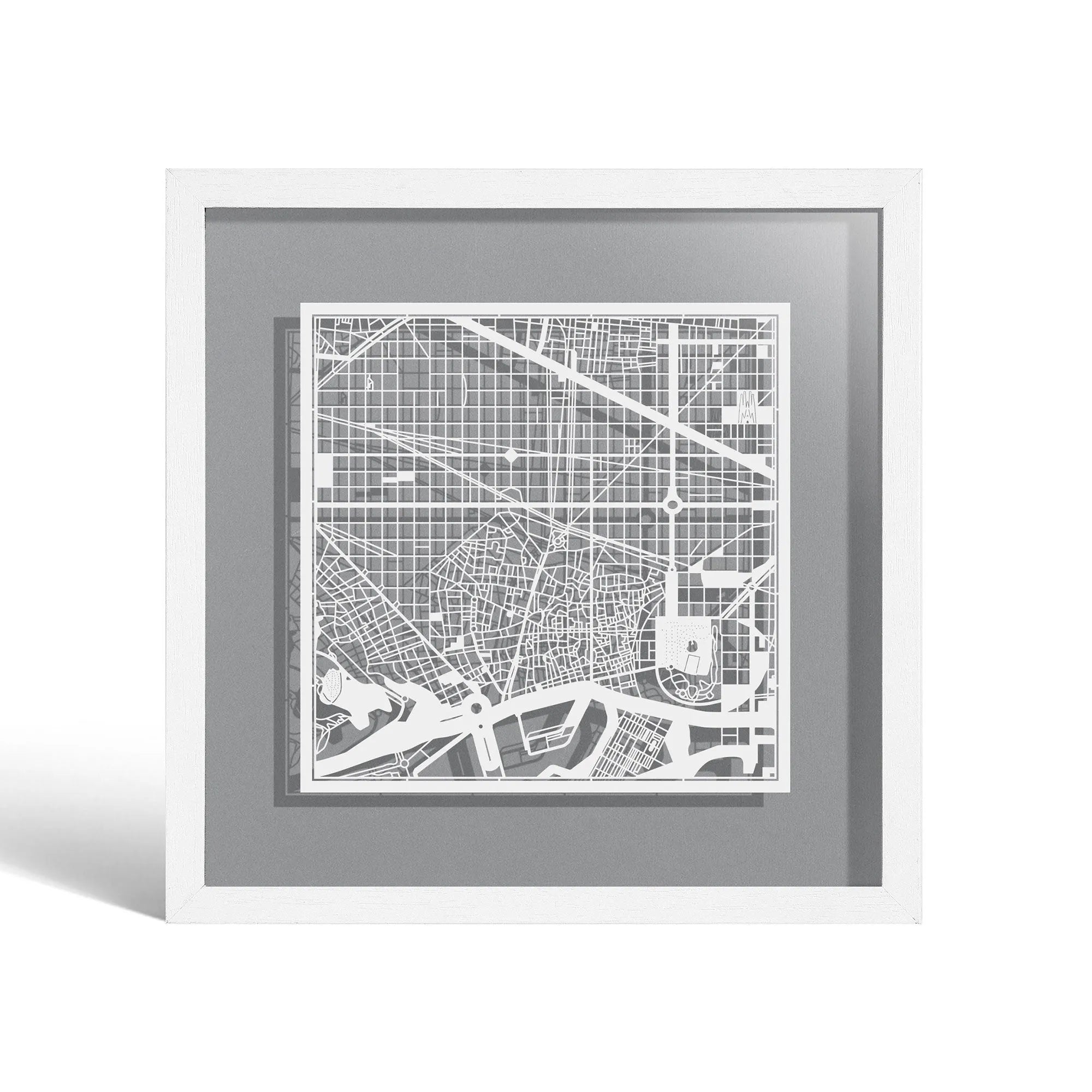 o3designstudio Barcelona Paper cut map framed 9 inch White map White frame map art 22MF3005WW