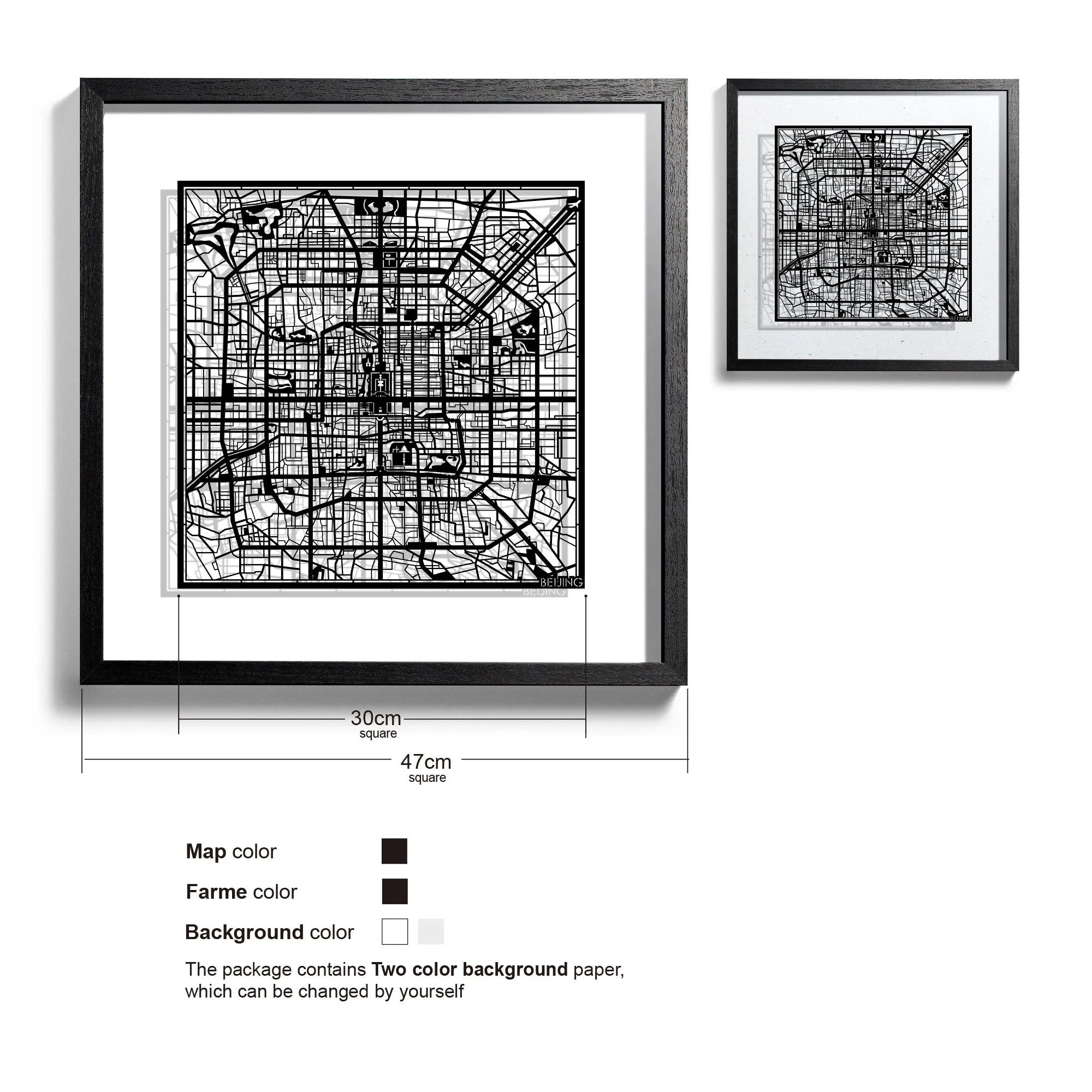o3designstudio-Beijing-Paper-cut-map-framed-18-inch-Black map Black frame- 45MF1001BB