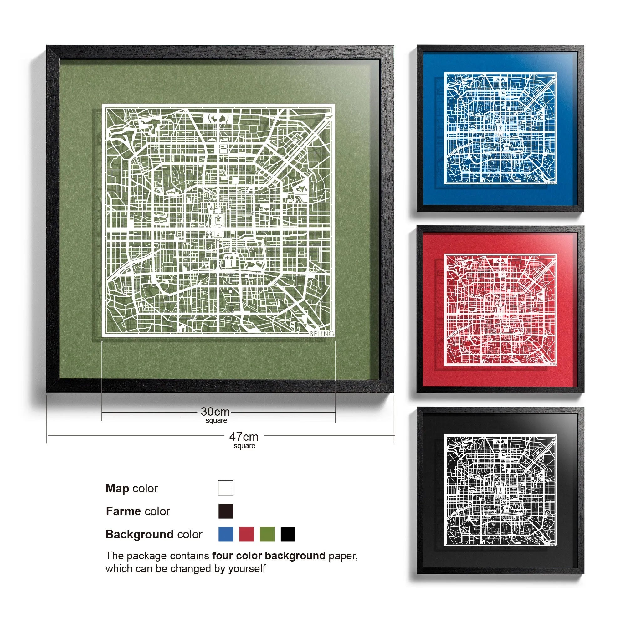 o3designstudio-Beijing-Paper-cut-map-framed-18-inch-White map Black frame- 45MF1001BW