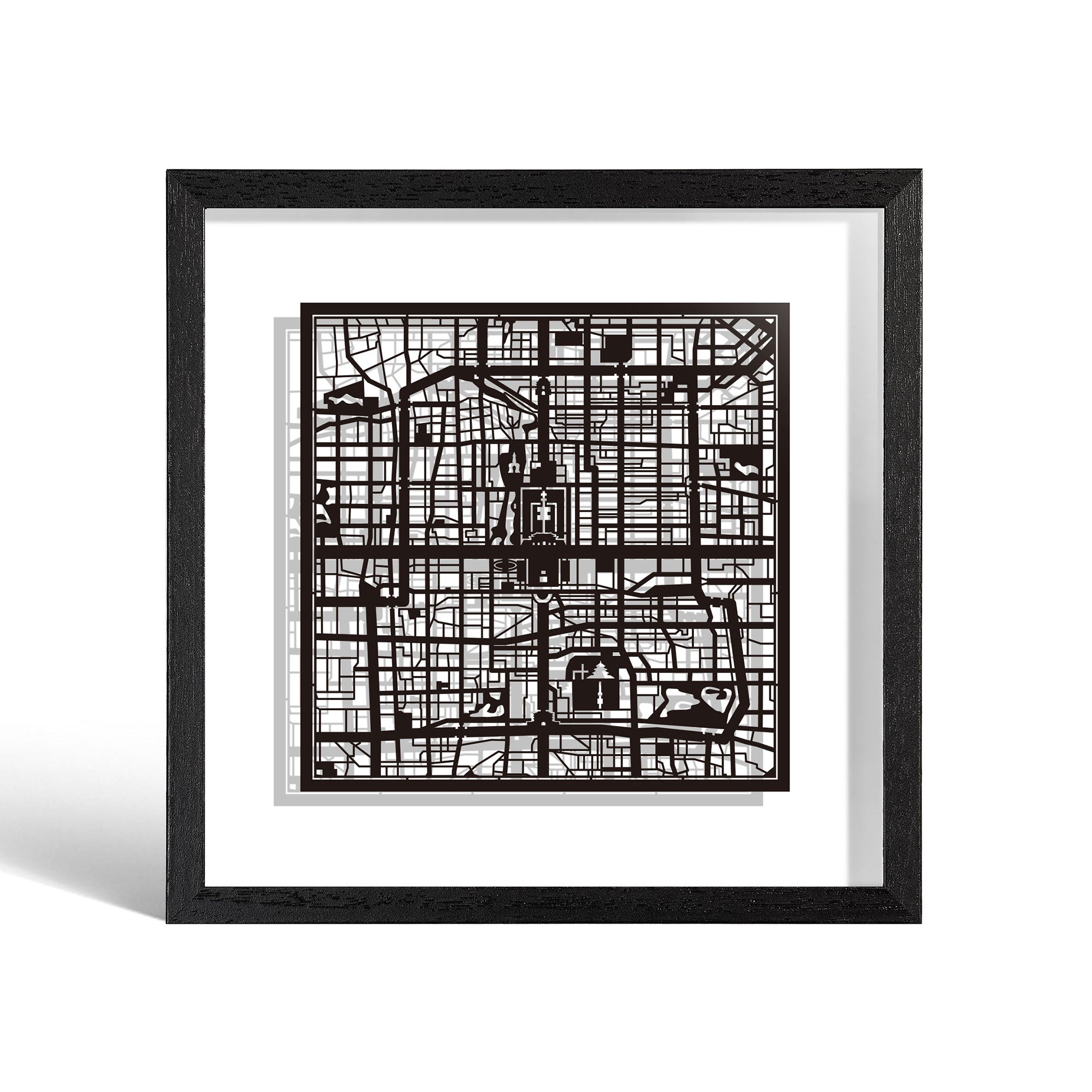 o3designstudio Beijing Paper cut map framed 9 inch Black map Black frame map art 22MF1001BB