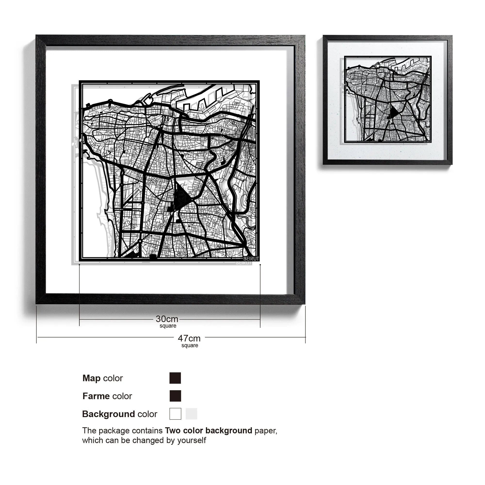 o3designstudio-Beirut-Paper-cut-map-framed-18-inch-Black map / Black frame-45MF1026BB