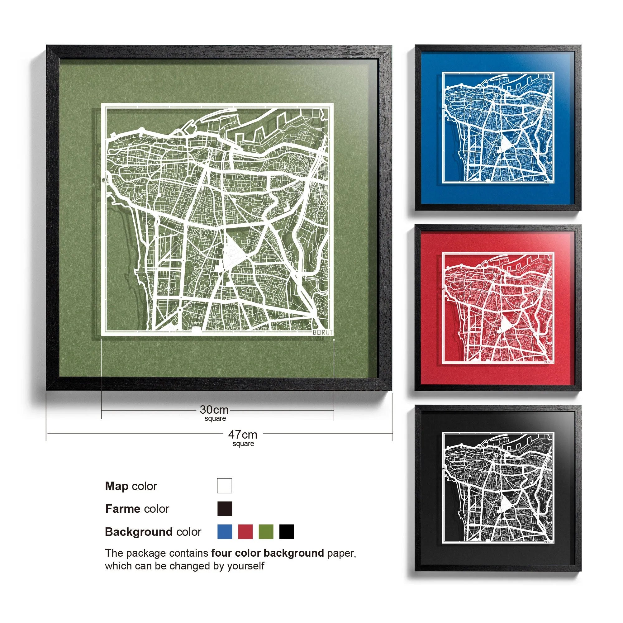 o3designstudio-Beirut-Paper-cut-map-framed-18-inch-White map / Black frame-45MF1026BW