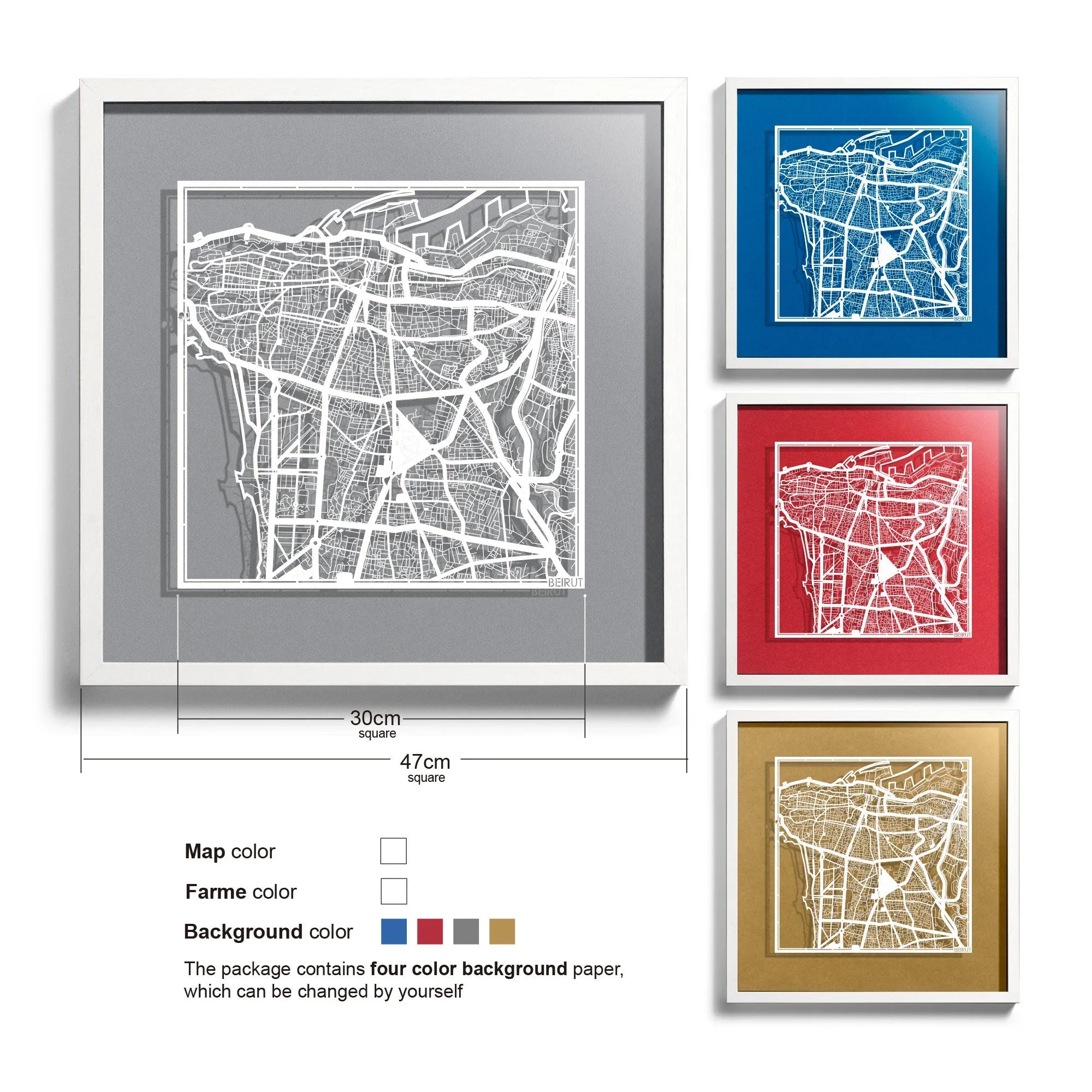 o3designstudio-Beirut-Paper-cut-map-framed-18-inch-White map / White frame-45MF1026WW