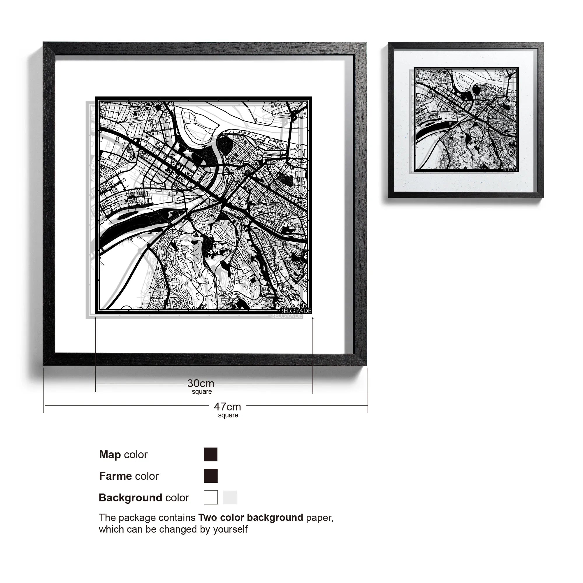 o3designstudio-Belgrade-Paper-cut-map-framed-18-inch-Black map / Black frame-45MF3023BB