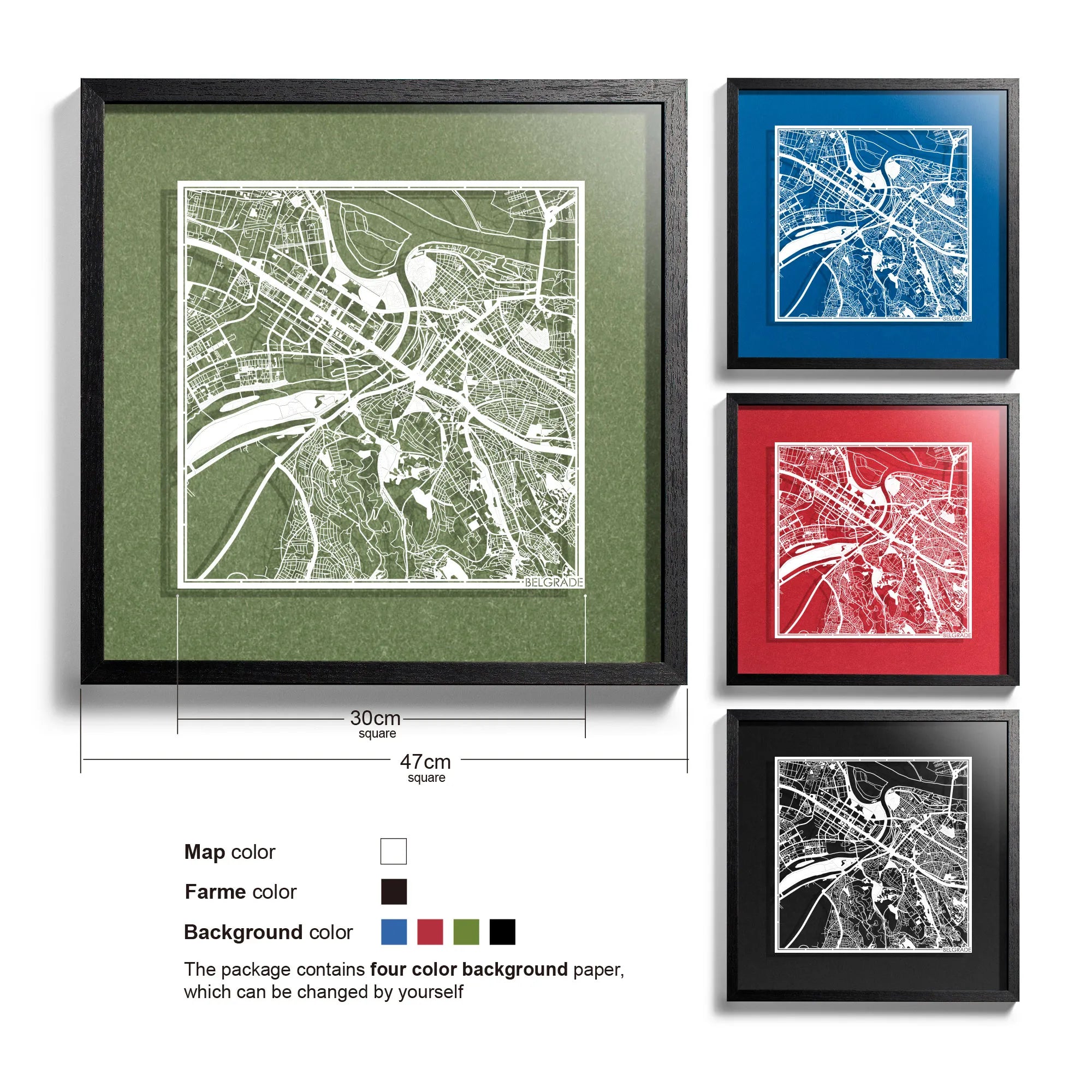 o3designstudio-Belgrade-Paper-cut-map-framed-18-inch-White map / Black frame-45MF3023BW