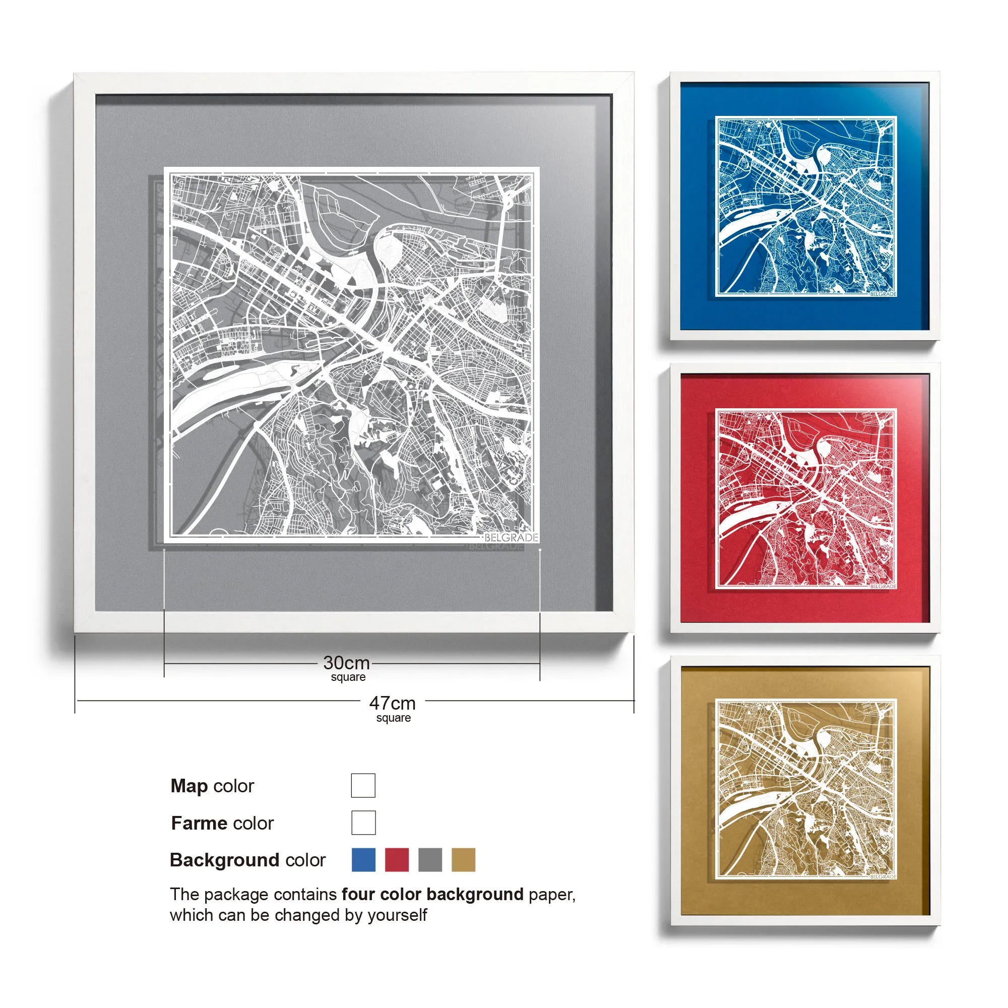 o3designstudio-Belgrade-Paper-cut-map-framed-18-inch-White map / White frame-45MF3023WW