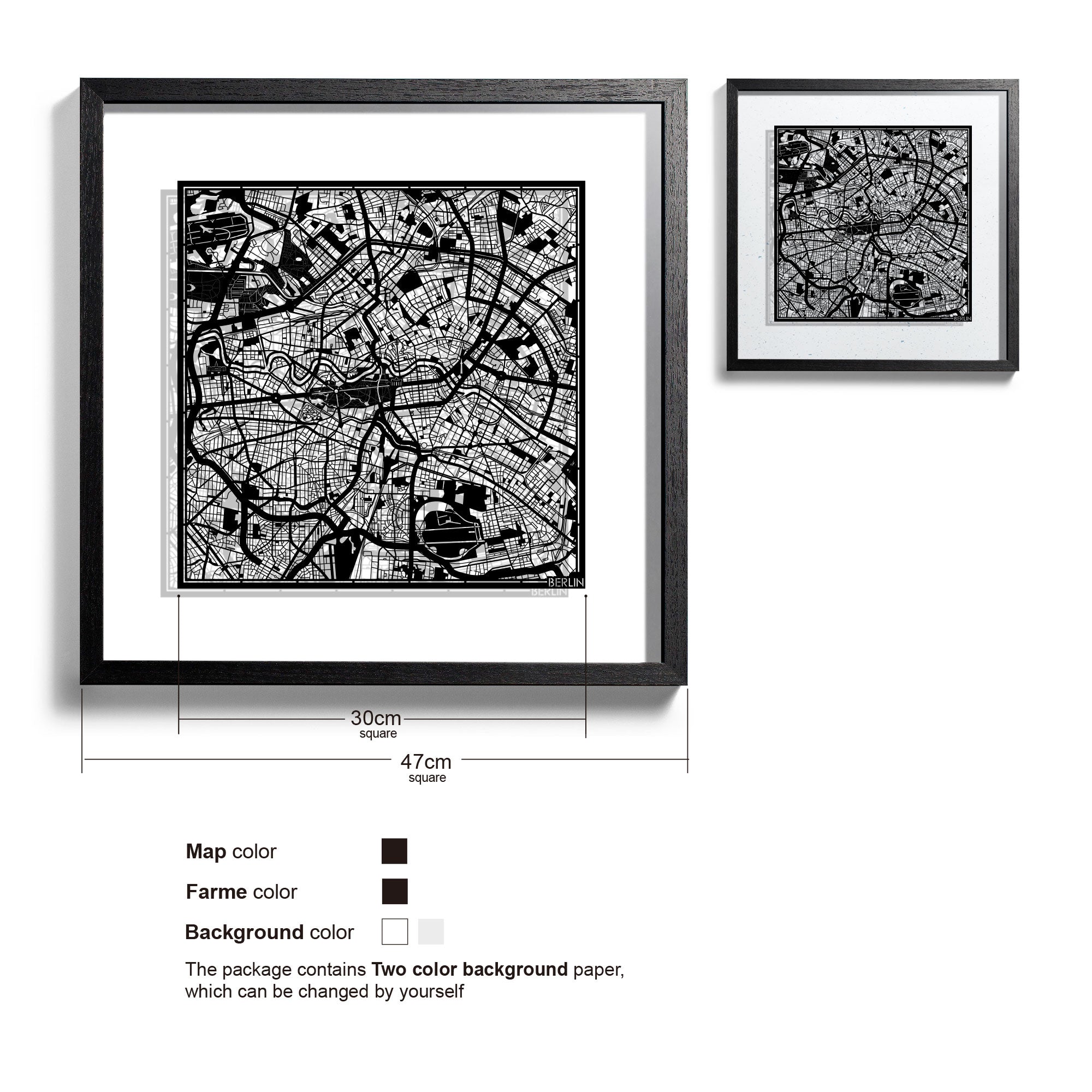 o3designstudio-Berlin-Paper-cut-map-framed-18-inch-Black map Black frame-45MF3003BB