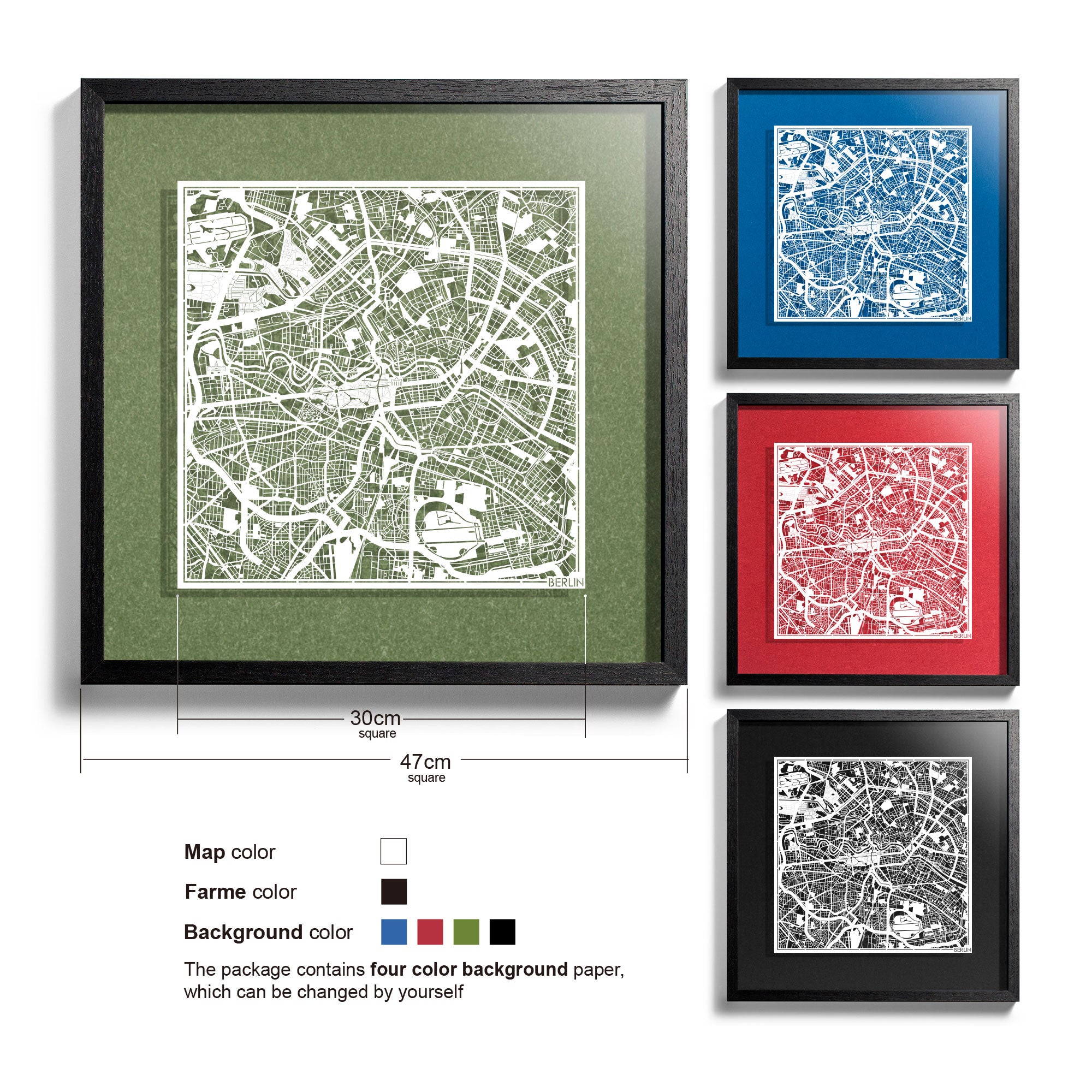 o3designstudio-Berlin-Paper-cut-map-framed-18-inch-White map Black frame-45MF3003BW