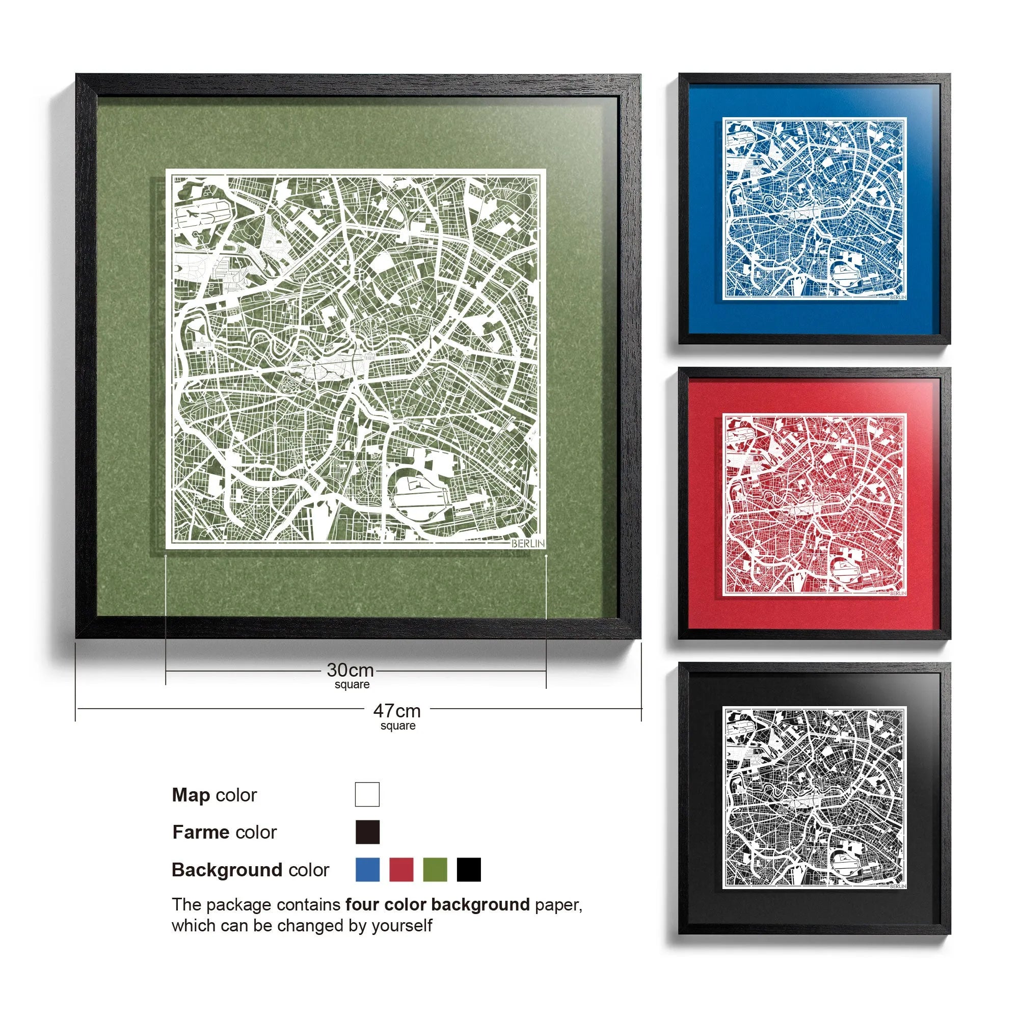 o3designstudio-Berlin-Paper-cut-map-framed-18-inch-White map Black frame-45MF3003BW