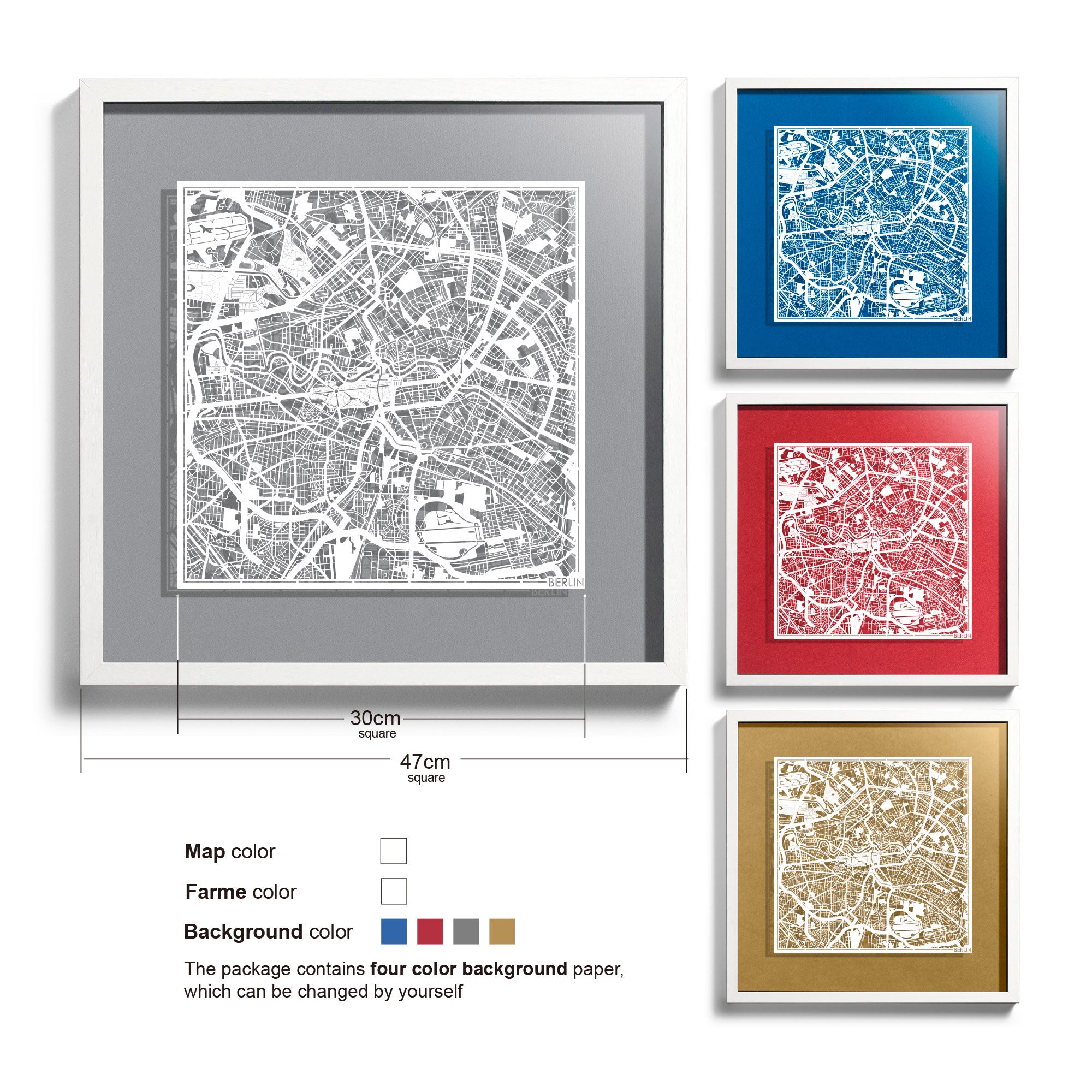 o3designstudio-Berlin-Paper-cut-map-framed-18-inch-White map White frame-45MF3003WW