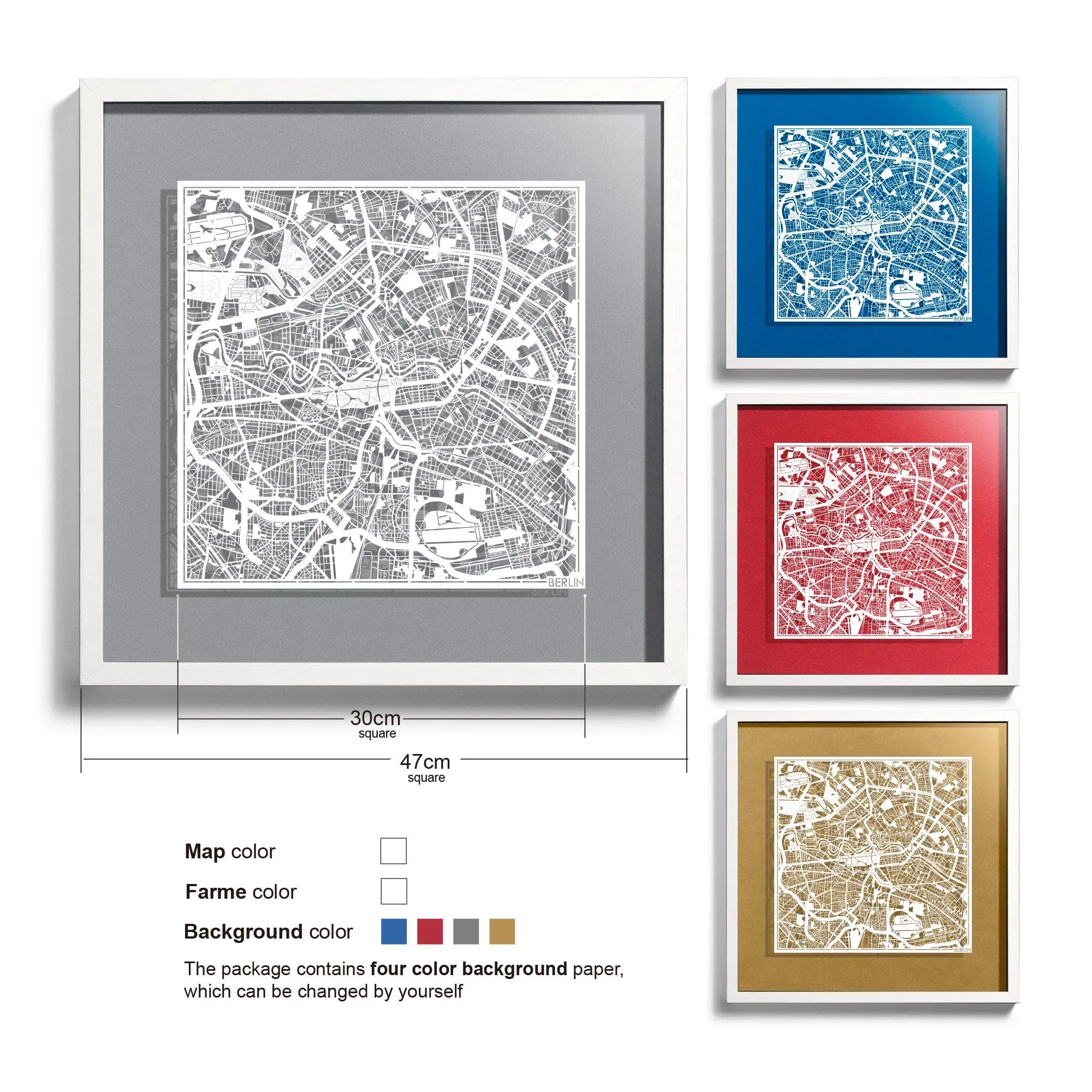 o3designstudio-Berlin-Paper-cut-map-framed-18-inch-White map White frame-45MF3003WW