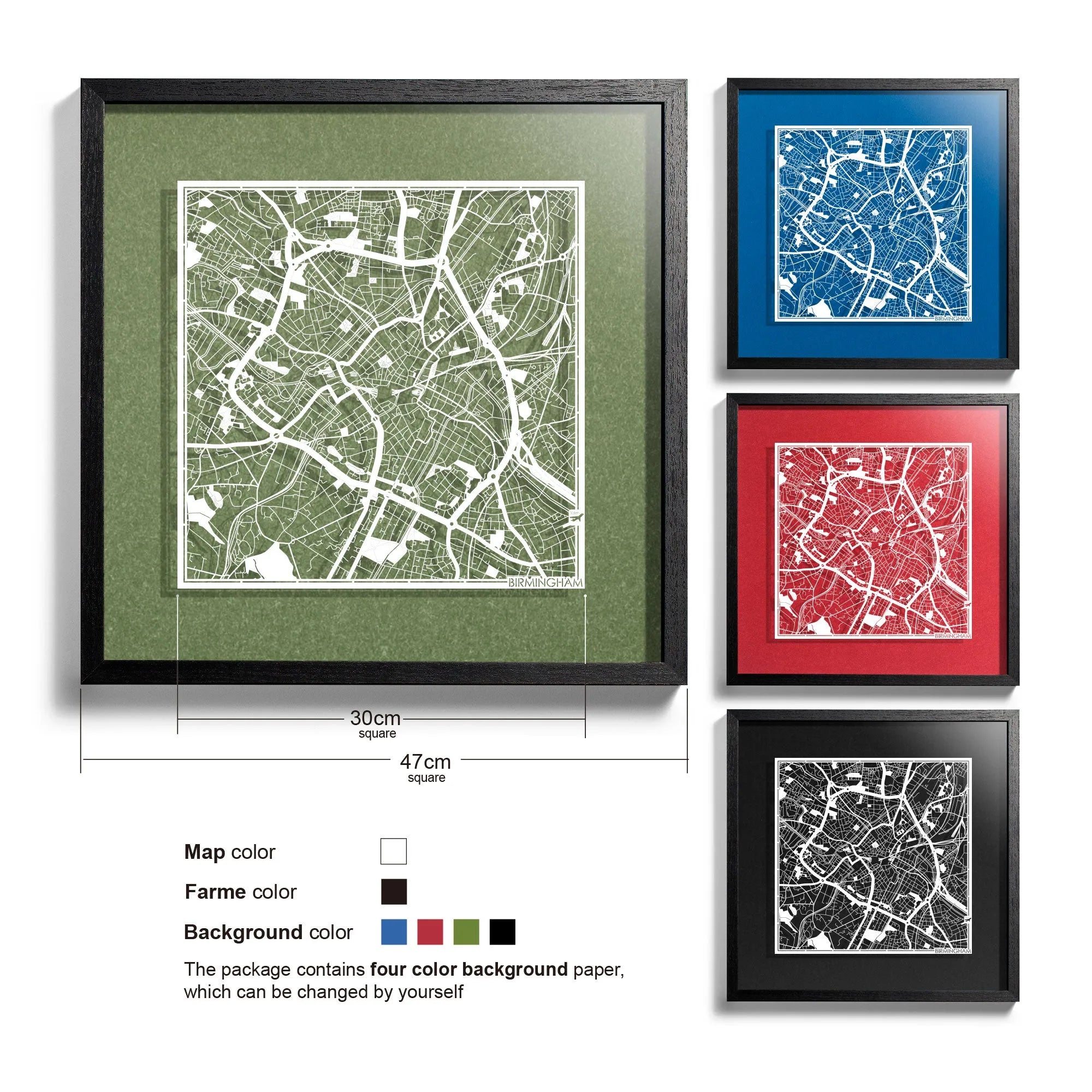 o3designstudio Birmingham-Paper-cut-map-framed-18-inch-45MF3046BW