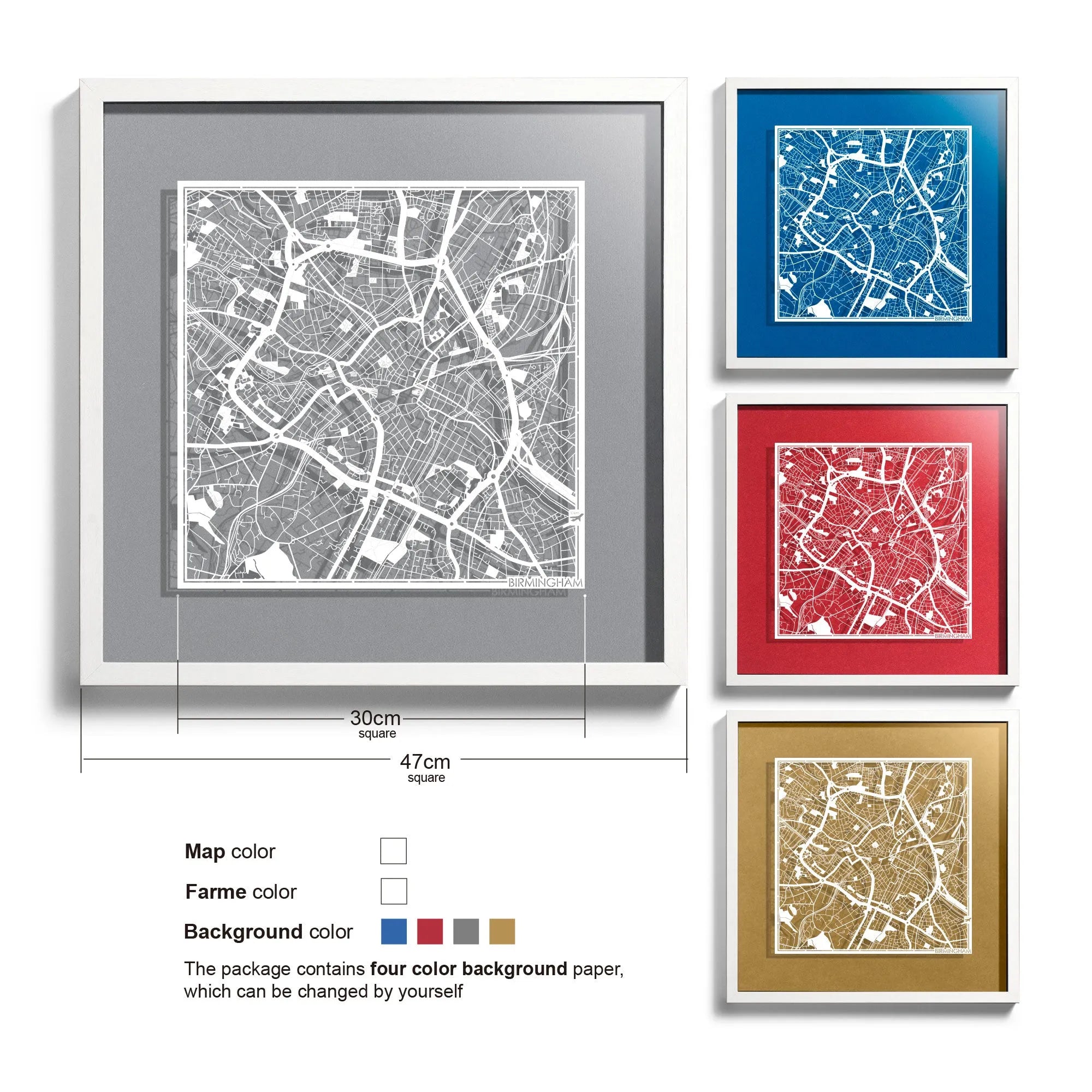 o3designstudio Birmingham-Paper-cut-map-framed-18-inch-45MF3046WW