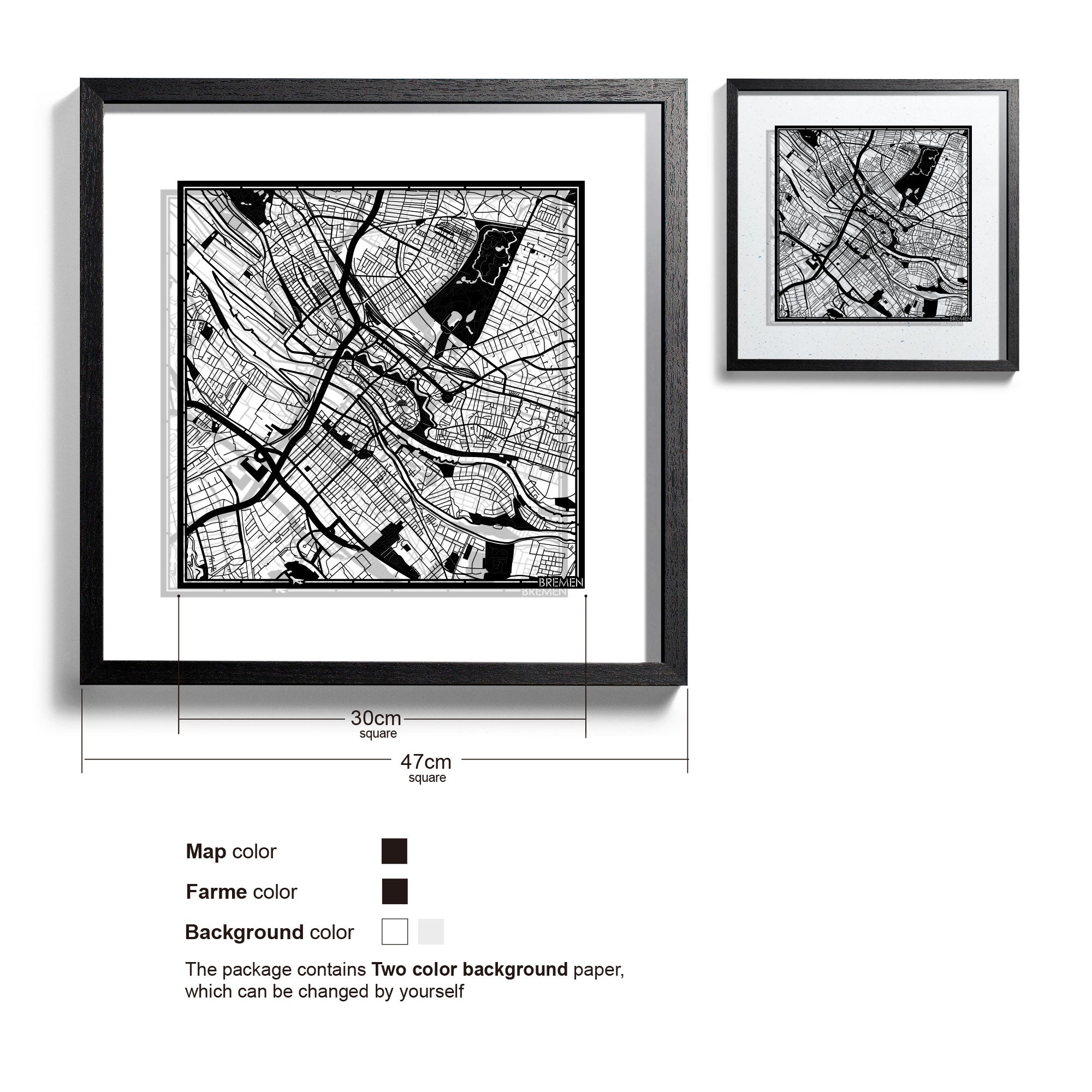 o3designstudio-Bremen-Paper-cut-map-framed-18-inch-Black map Black frame-45MF3027BB