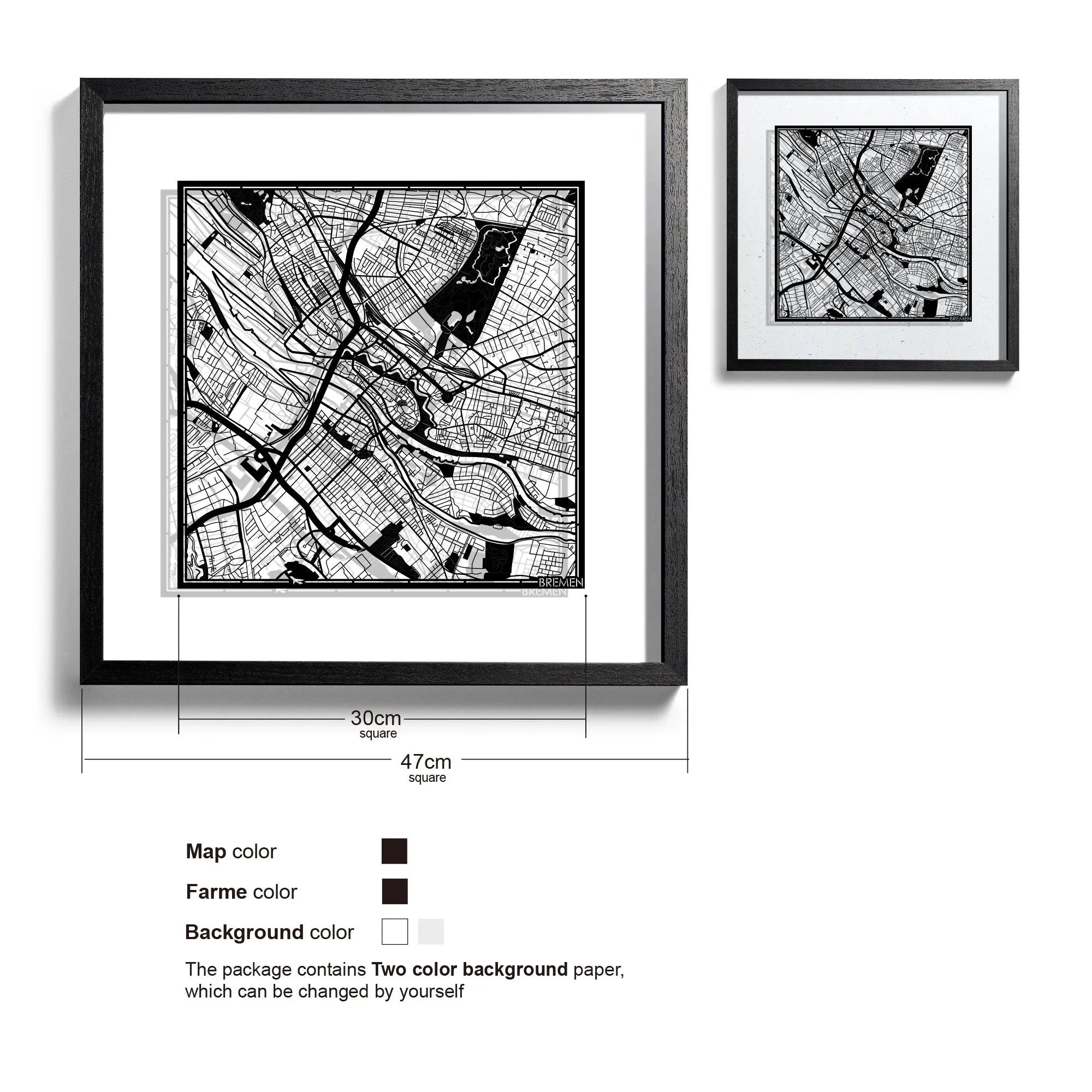 o3designstudio-Bremen-Paper-cut-map-framed-18-inch-Black map Black frame-45MF3027BB