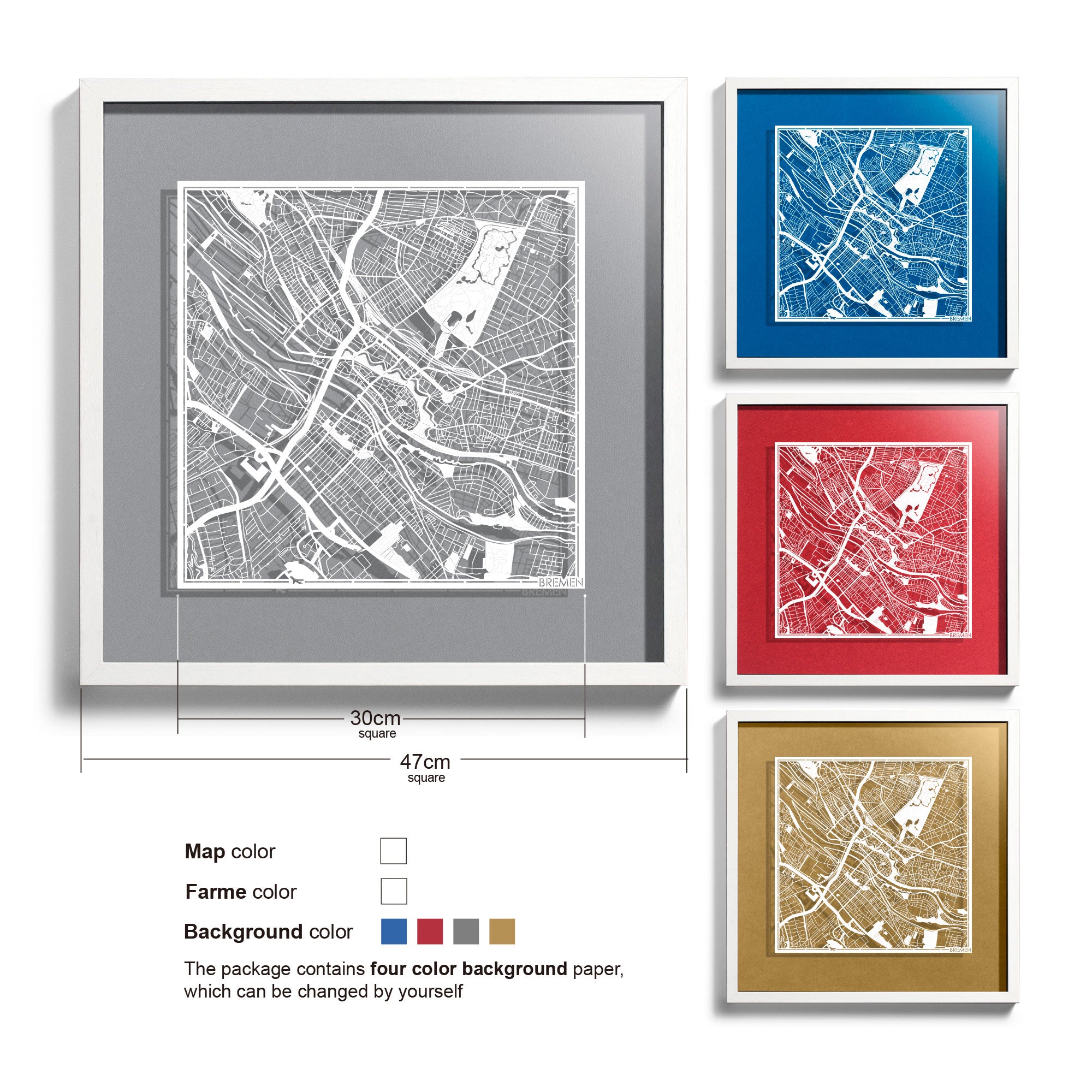 o3designstudio-Bremen-Paper-cut-map-framed-18-inch-White map White frame-45MF3027WW