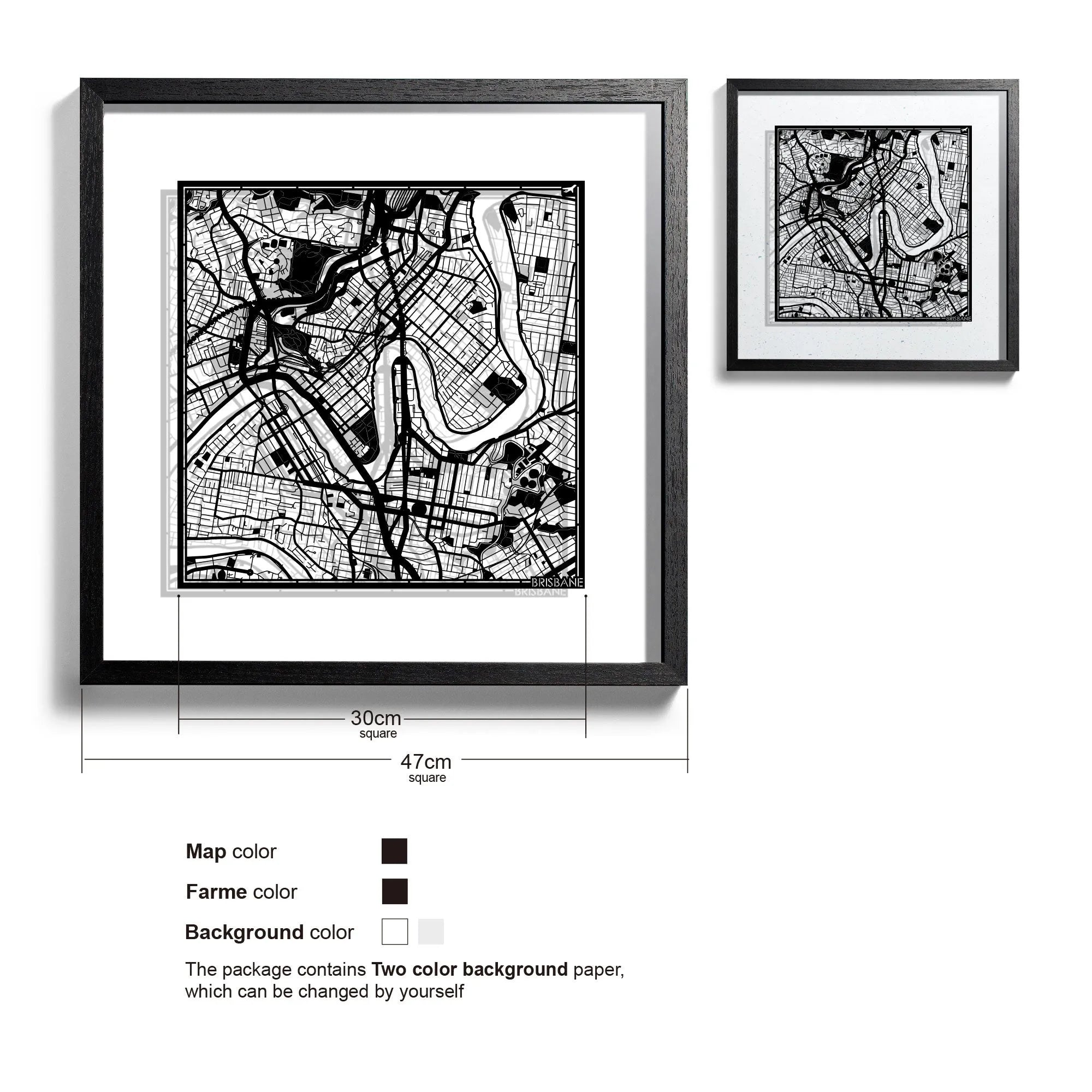 o3designstudio-Brisbane-Paper-cut-map-framed-18-inch-Black map / Black frame-45MF1014BB