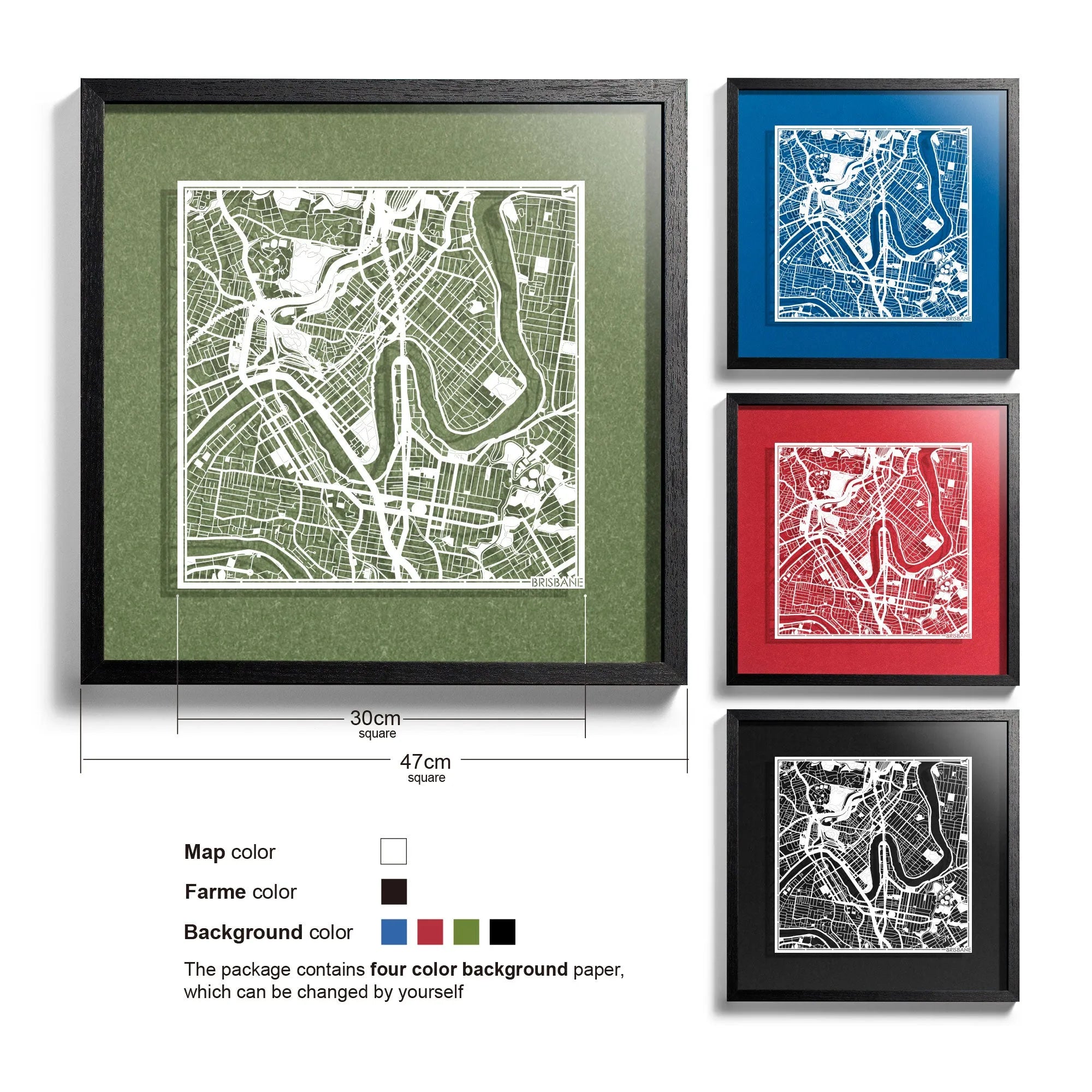 o3designstudio-Brisbane-Paper-cut-map-framed-18-inch-White map / Black frame-45MF1014BW