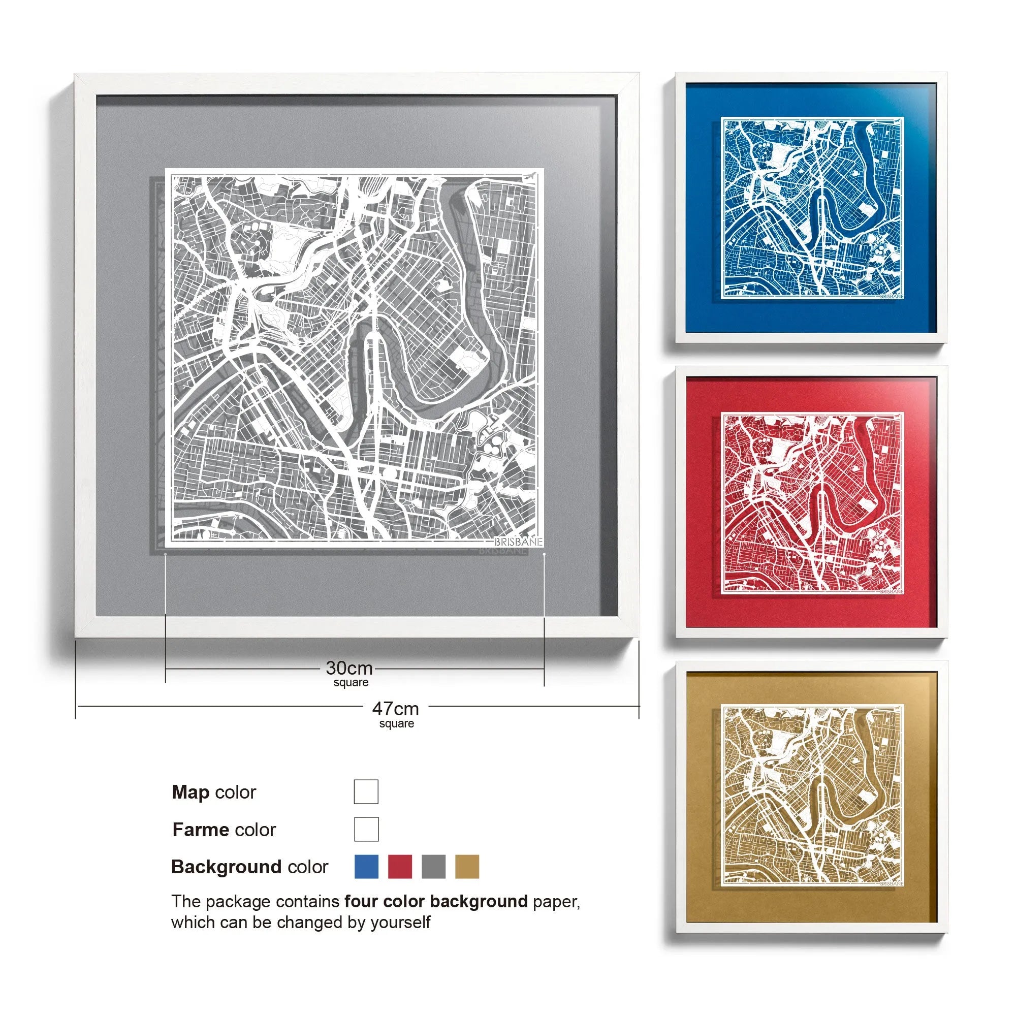 o3designstudio-Brisbane-Paper-cut-map-framed-18-inch-White map / White frame-45MF1014WW