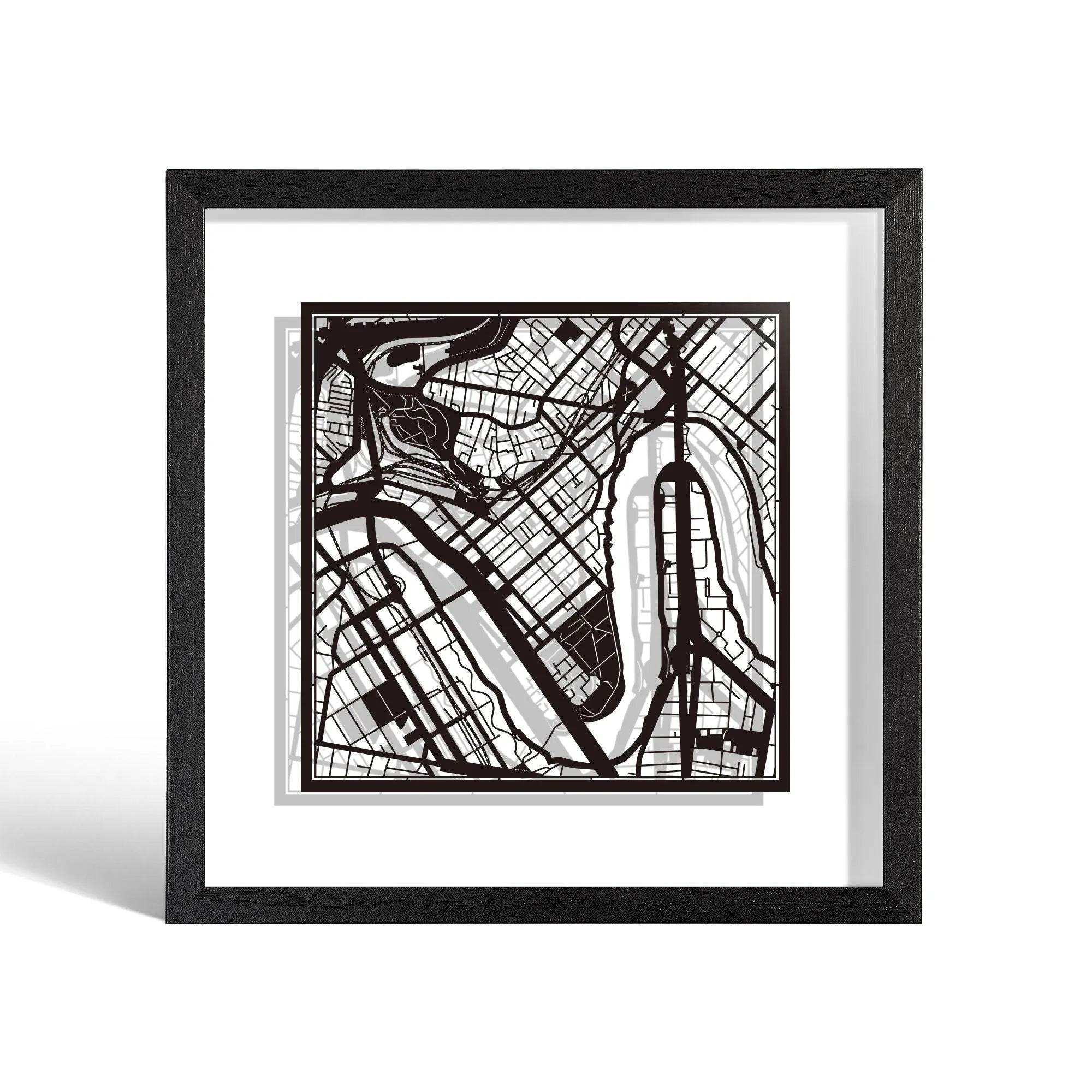 o3designstudio Brisbane Paper cut map framed 9 inch White map Black frame map art 22MF1014BW