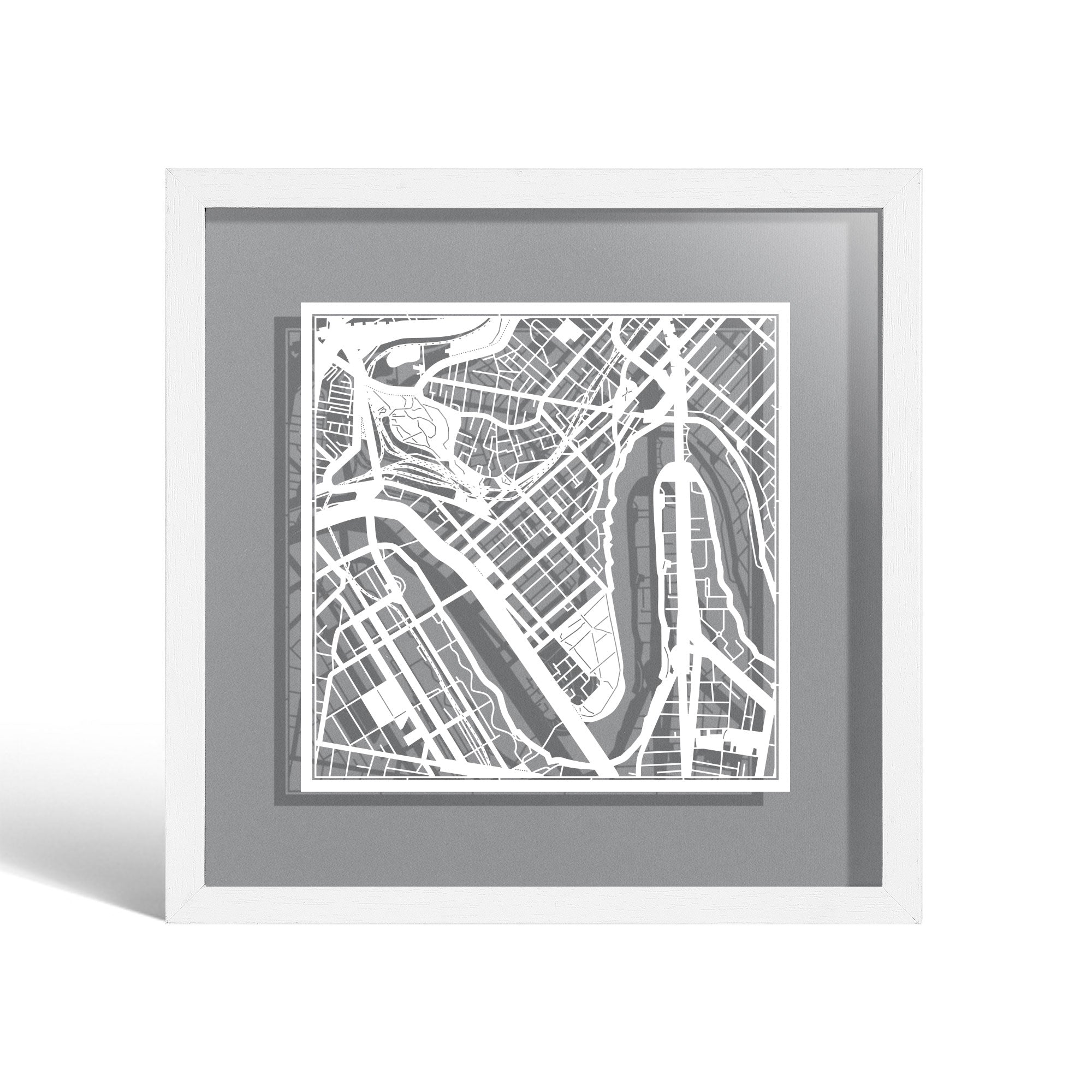 o3designstudio Brisbane Paper cut map framed 9 inch White map White frame map art 22MF1014WW