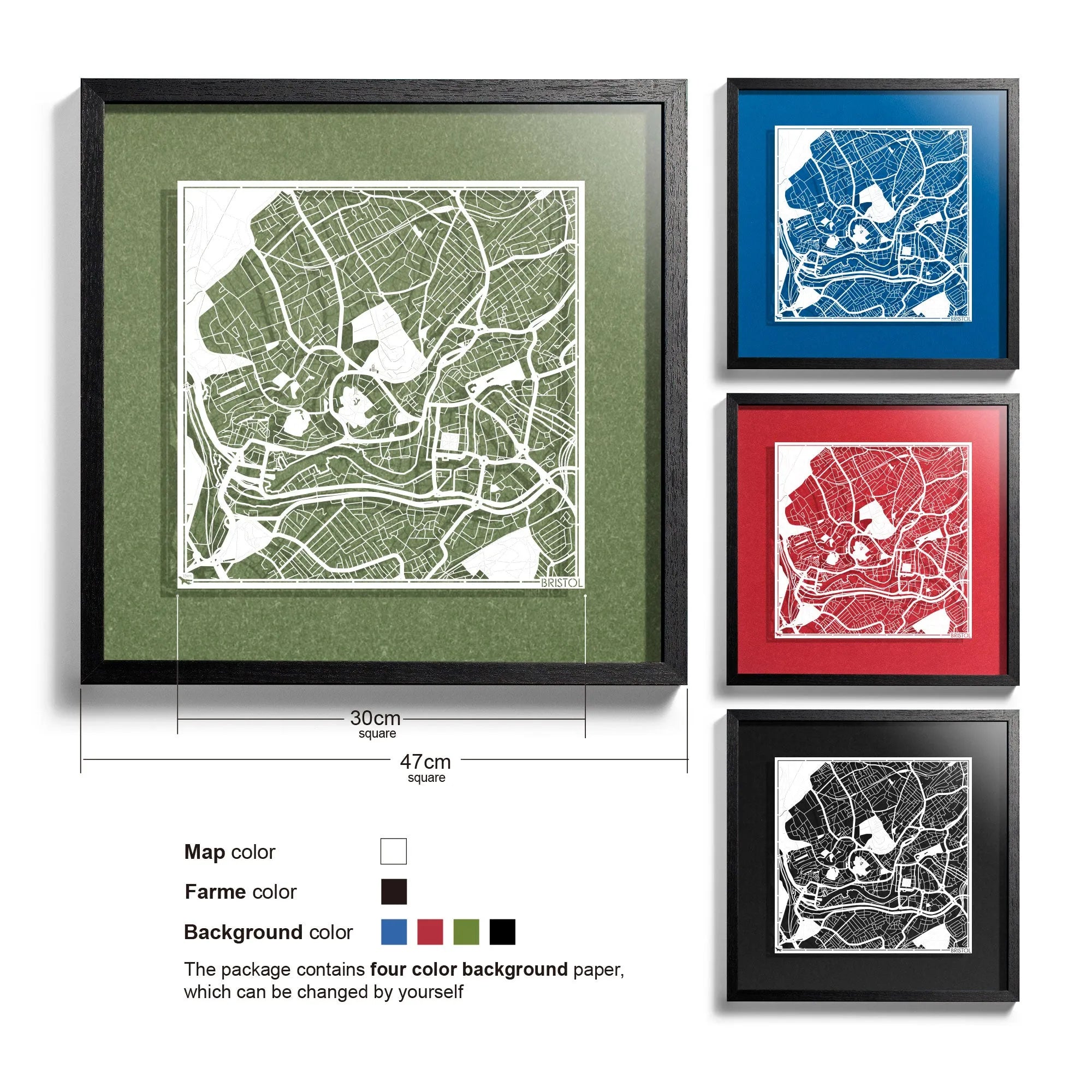 o3designstudio Bristol-Paper-cut-map-framed-18-inch-45MF3054BW