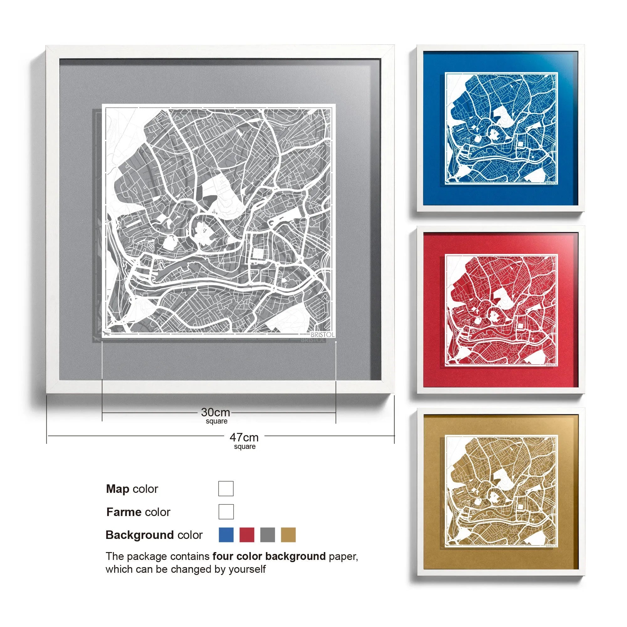 o3designstudio Bristol-Paper-cut-map-framed-18-inch-45MF3054WW