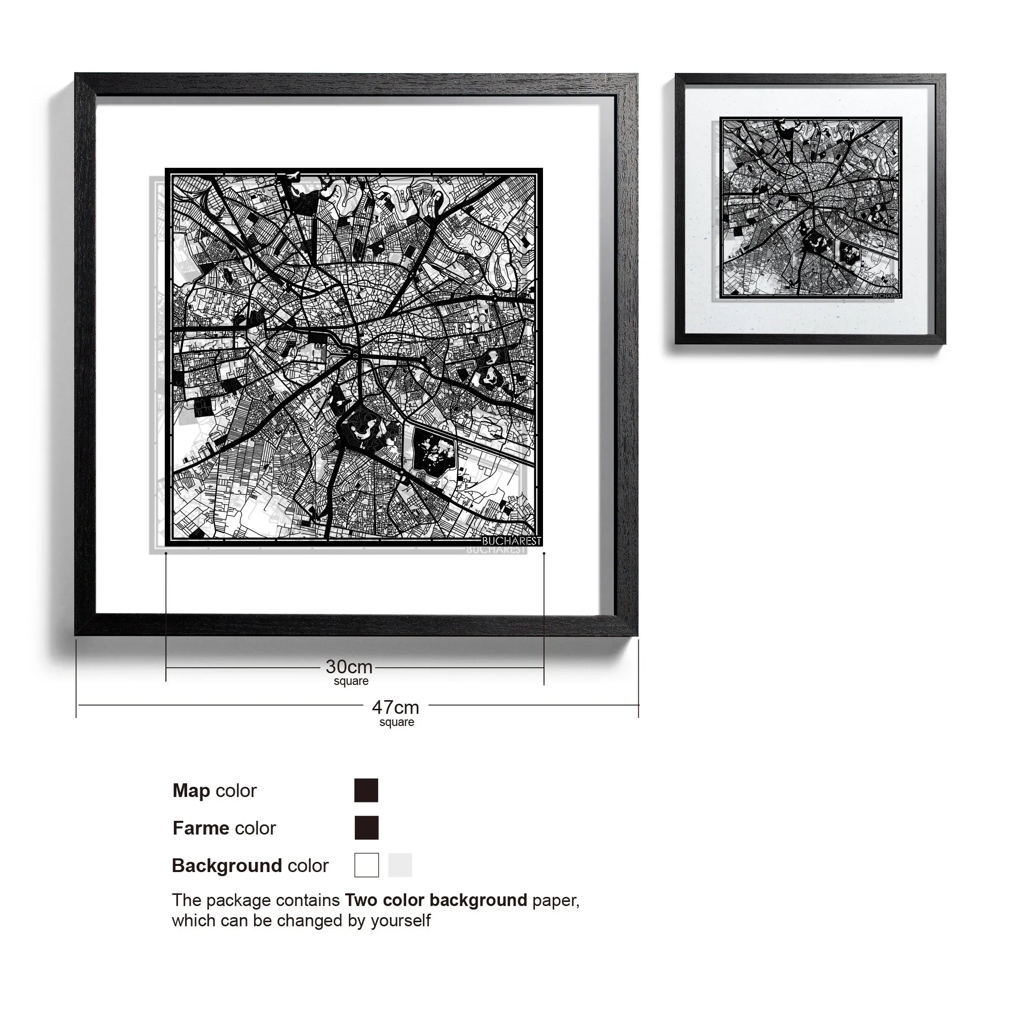 o3designstudio-Bucharest-Paper-cut-map-framed-18-inch-Black map / Black frame-45MF3038BB