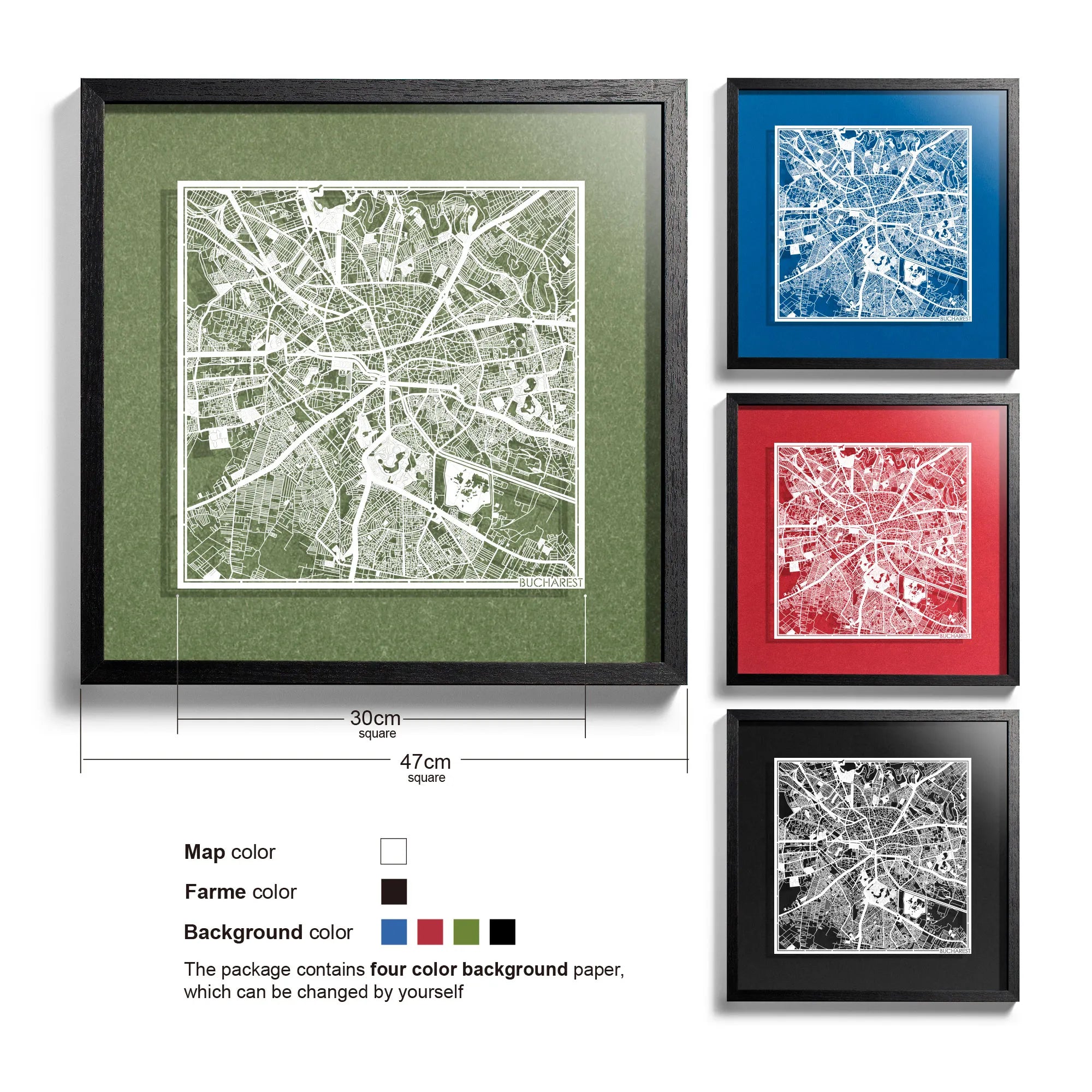 o3designstudio-Bucharest-Paper-cut-map-framed-18-inch-White map / Black frame-45MF3038BW