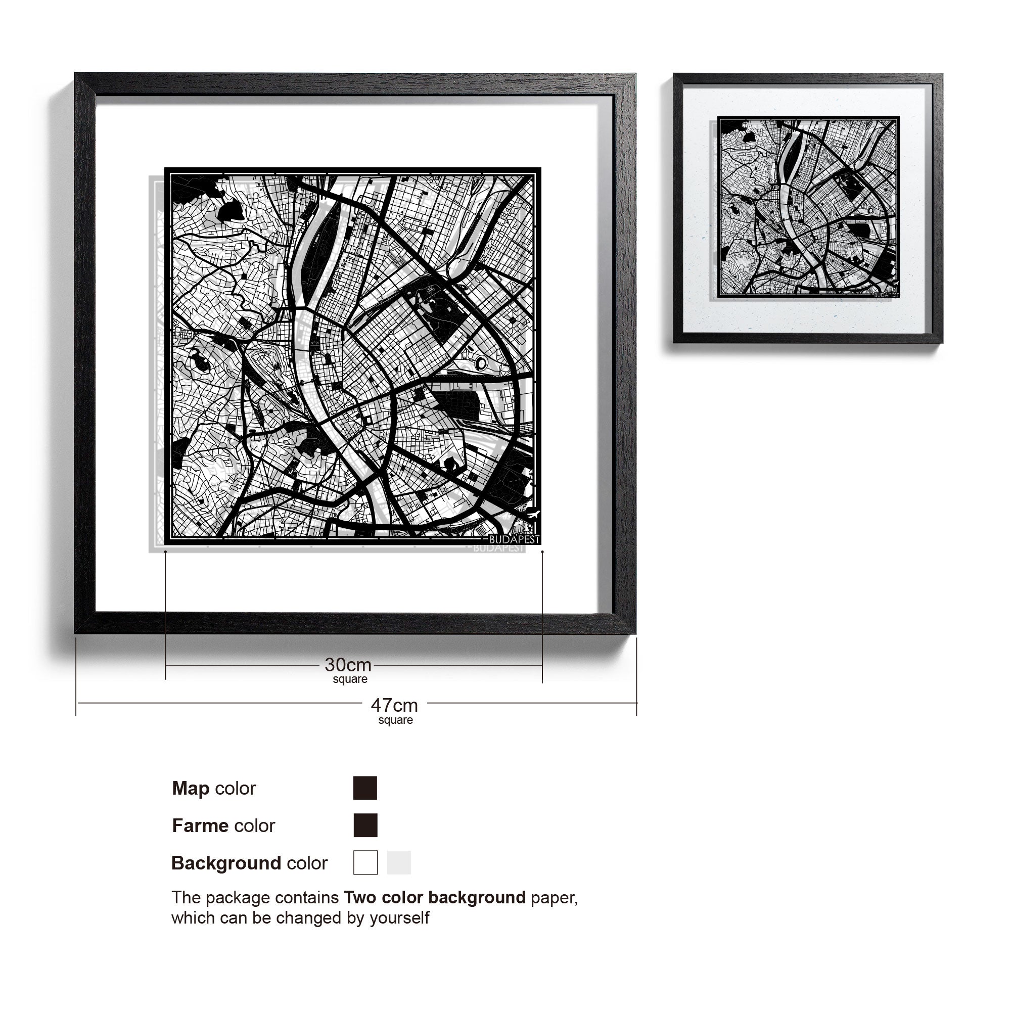 o3designstudio-Budapest-Paper-cut-map-framed-18-inch-Black map Black frame-45MF3016BB