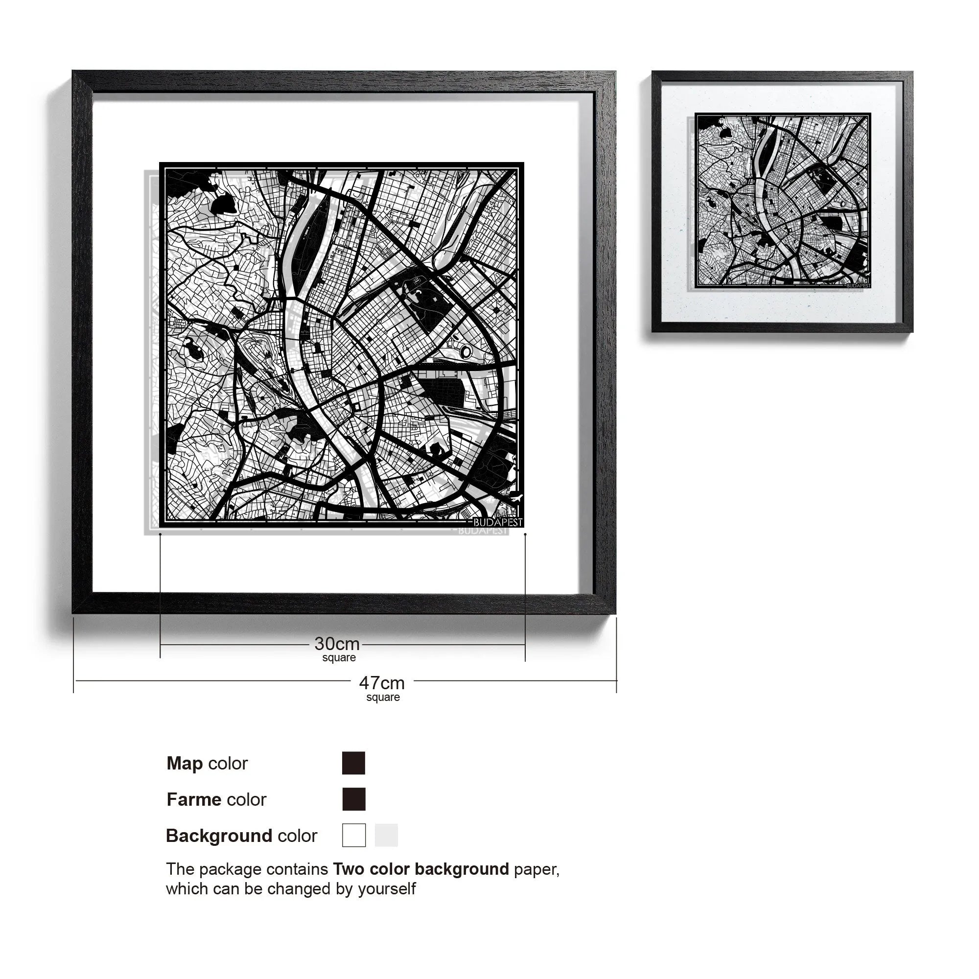 o3designstudio-Budapest-Paper-cut-map-framed-18-inch-Black map Black frame-45MF3016BB